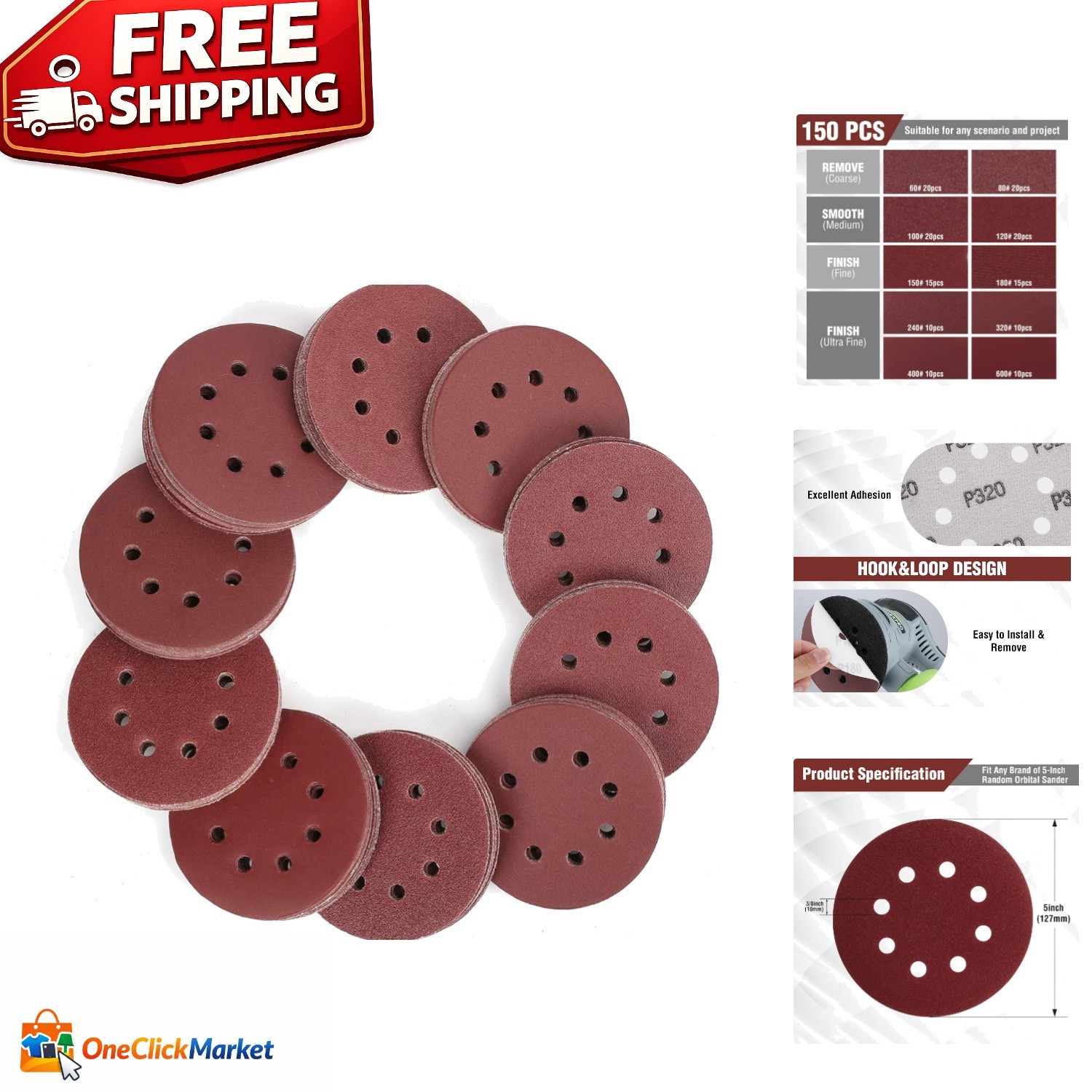 Multi-Grit 150-Piece Sanding Discs – 5-Inch Compatible with All Orbital Sanders