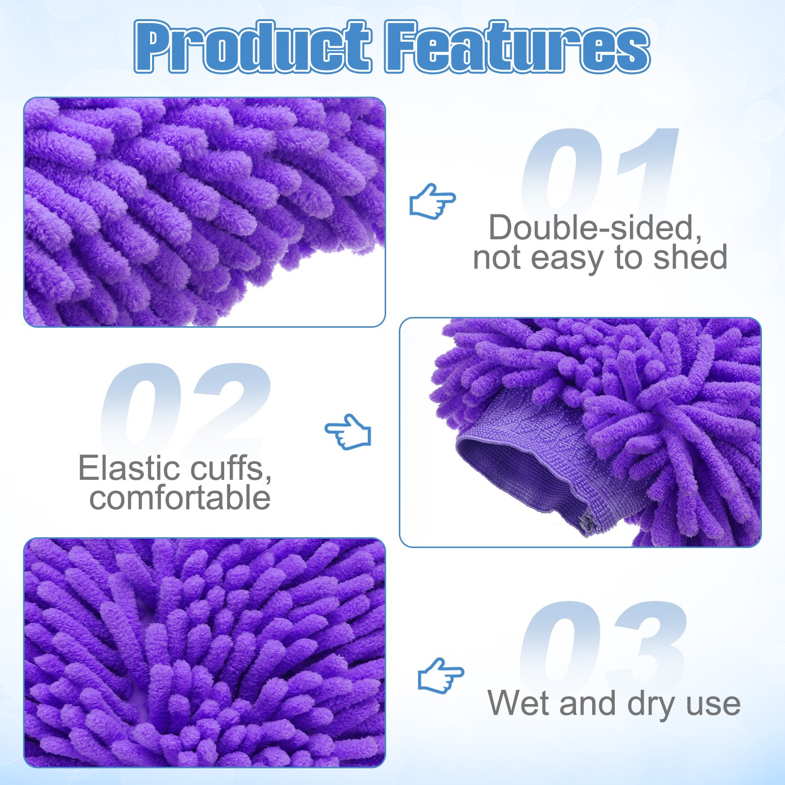 2pcs Chenille Microfiber Car Wash Mitts 10″ x 7.5″ Wash Gloves Purple