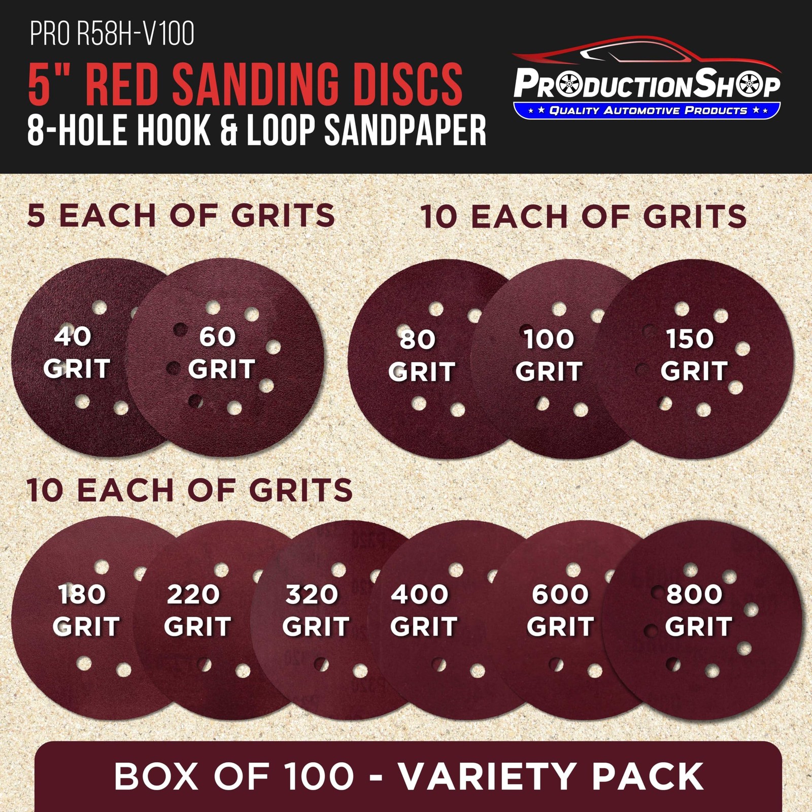Red 8-Hole Sanding Discs Variety Pack 100 Discs Grit 40-800 for Orbital Sanders
