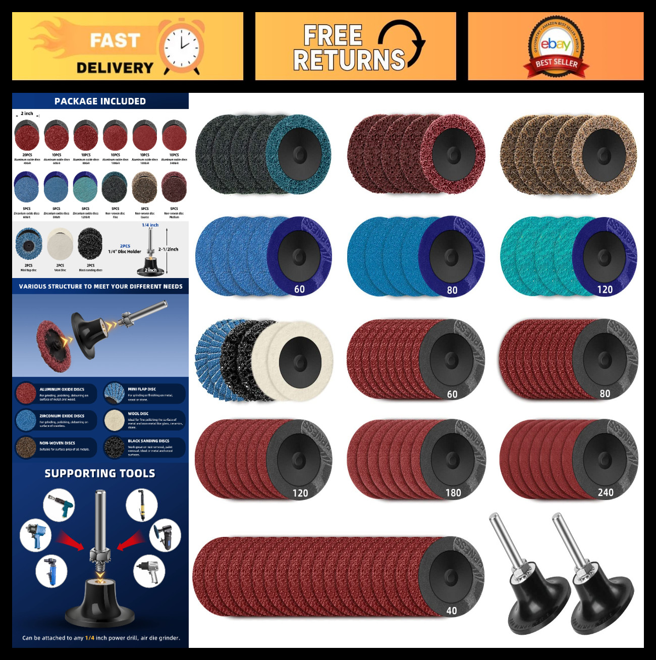 108Pcs 2″ Sanding Discs Set Quick Change Holder for Die Grinder Surface Prep, Ru