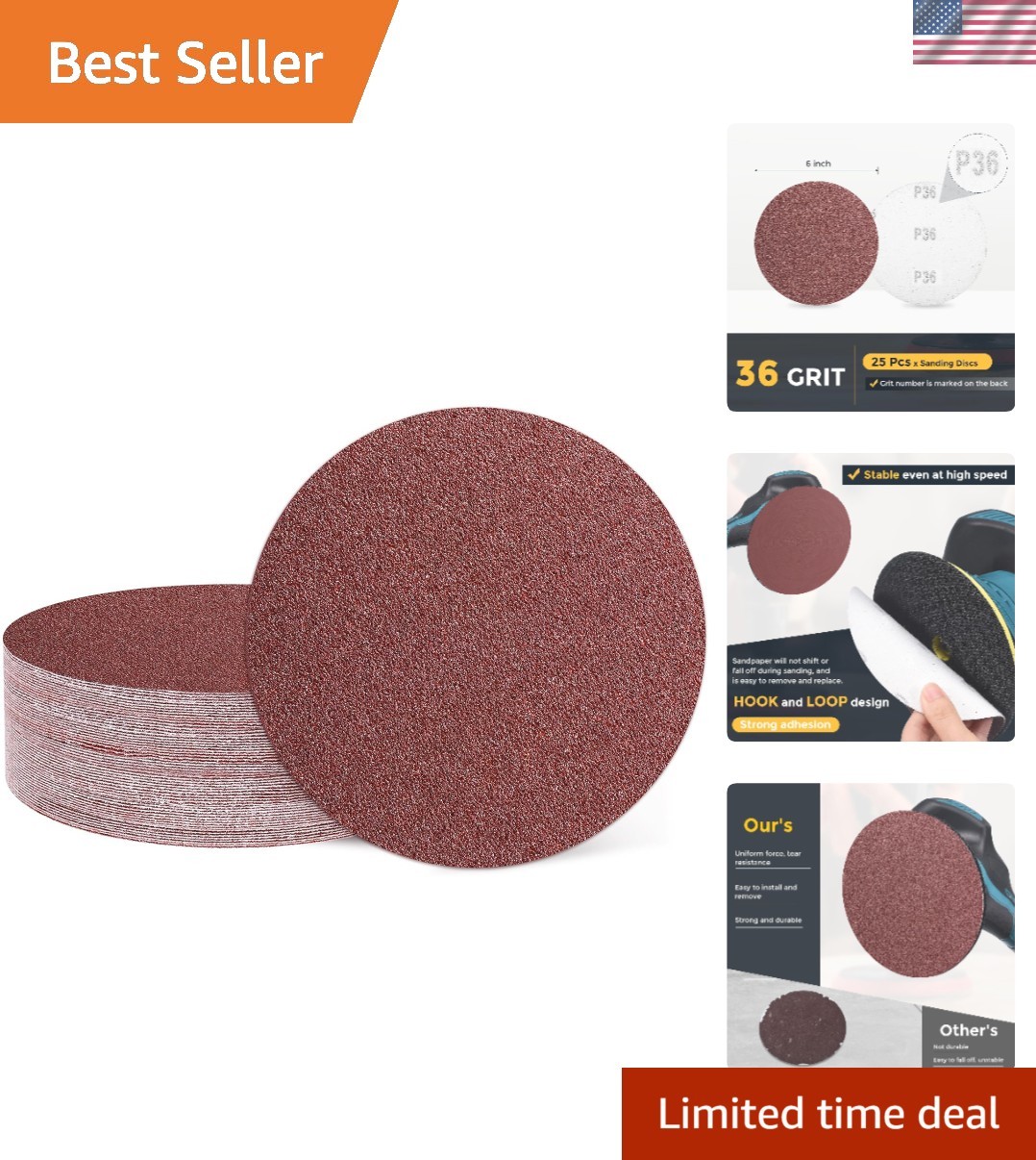 25 Pcs 6 Inch Sanding Discs, 36 Grit Hook and Loop Sandpaper, No-Hole Aluminu…
