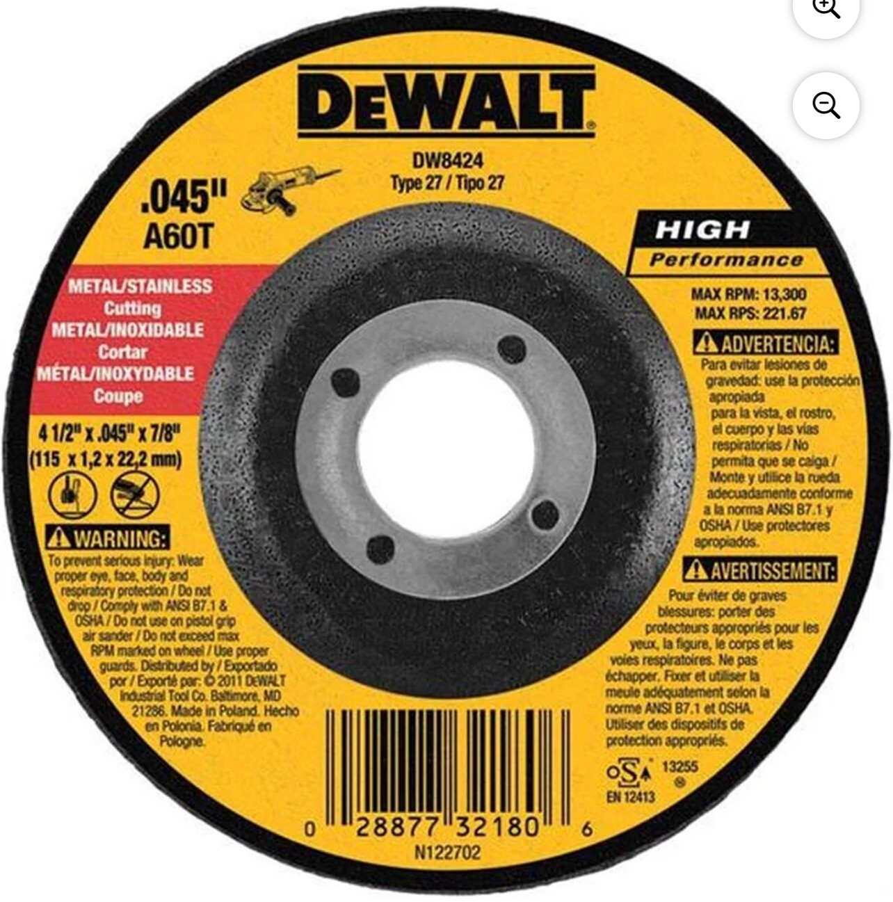 DW8424 4-1/2″ x .045″ x 7/8″ Dewalt Cutting Grinding Wheel TP27 High Performance