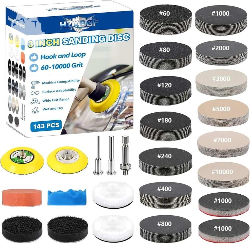 143 PCS 3 Inch Sanding Discs Polishing Kit 60-10000 Grit Hook Loop