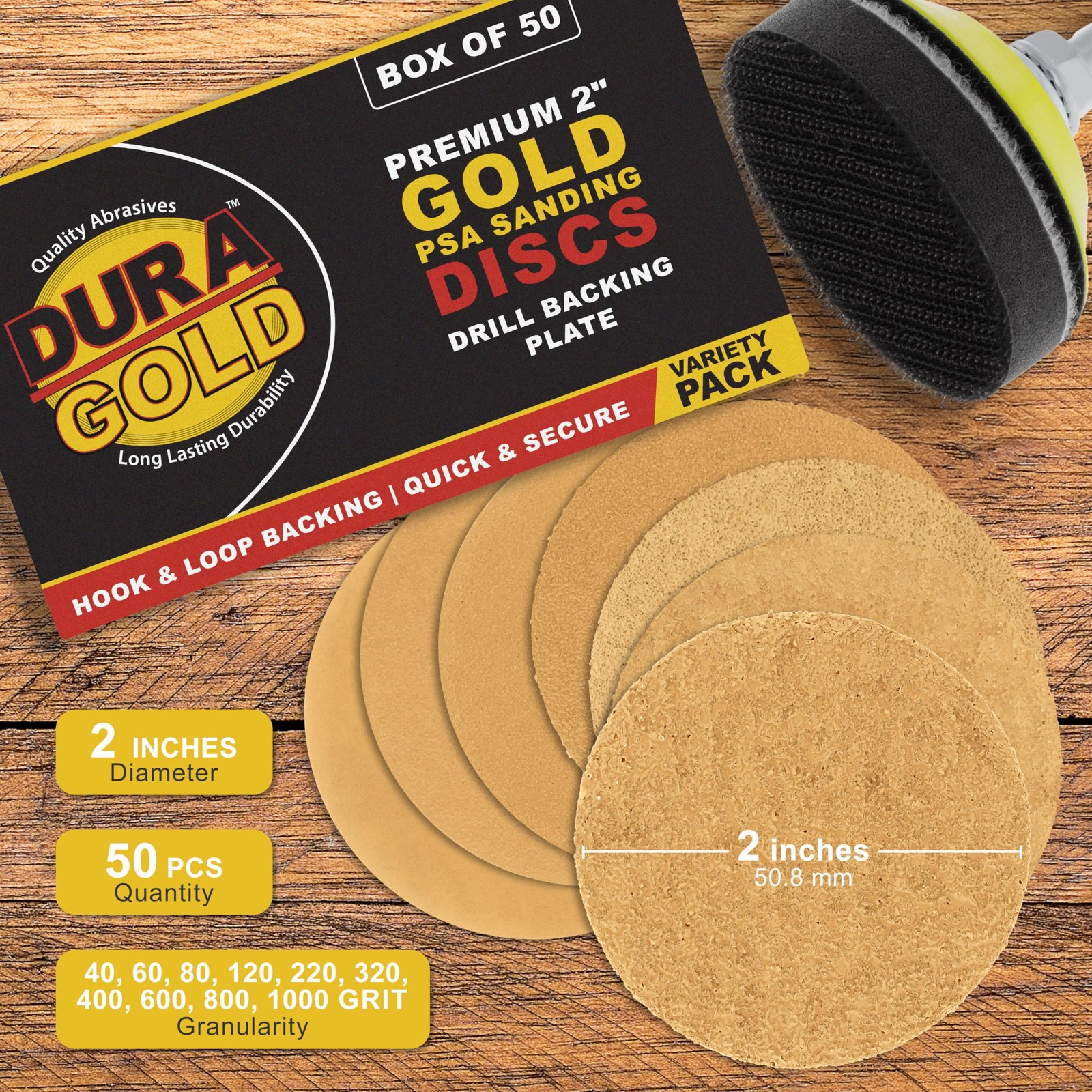 Premium 2″ Gold Hook & Loop Sanding Discs Variety Pack Box – 40, 60, 80, 120,…