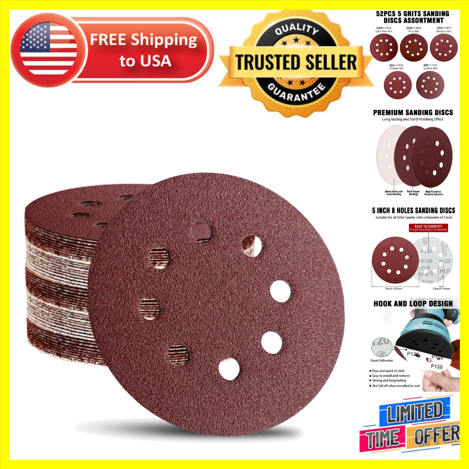 52-Pack 5-Inch Aluminum Oxide Sanding Discs for Orbital Sanders – Mixed Grits