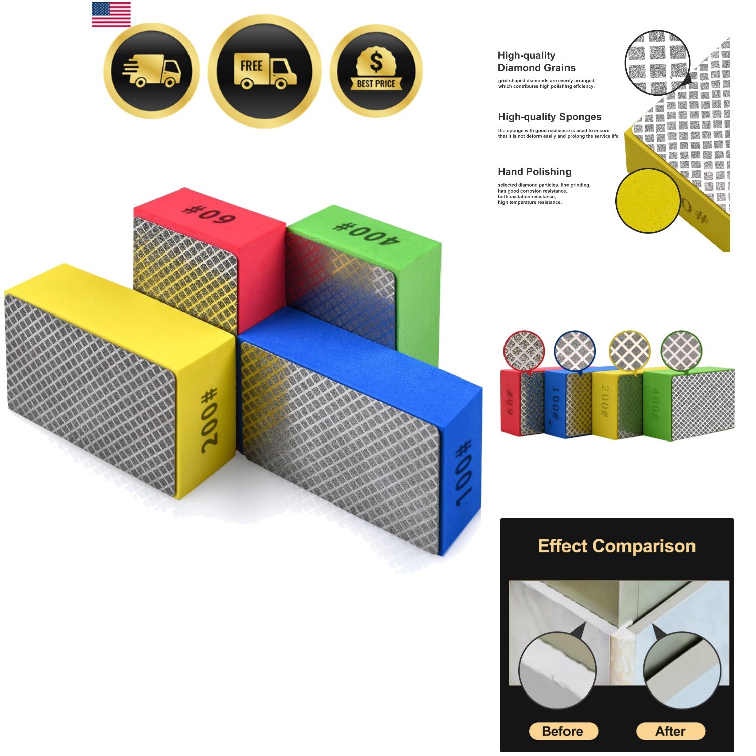 4pcs Diamond Hand Polishing Pads for Ceramic Tile Glass Grinding,Sanding Bloc…