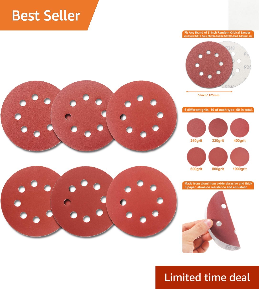 Professional 5 Inch Sandpaper Discs 60 Pcs, Aluminum Oxide for Orbital Sanders
