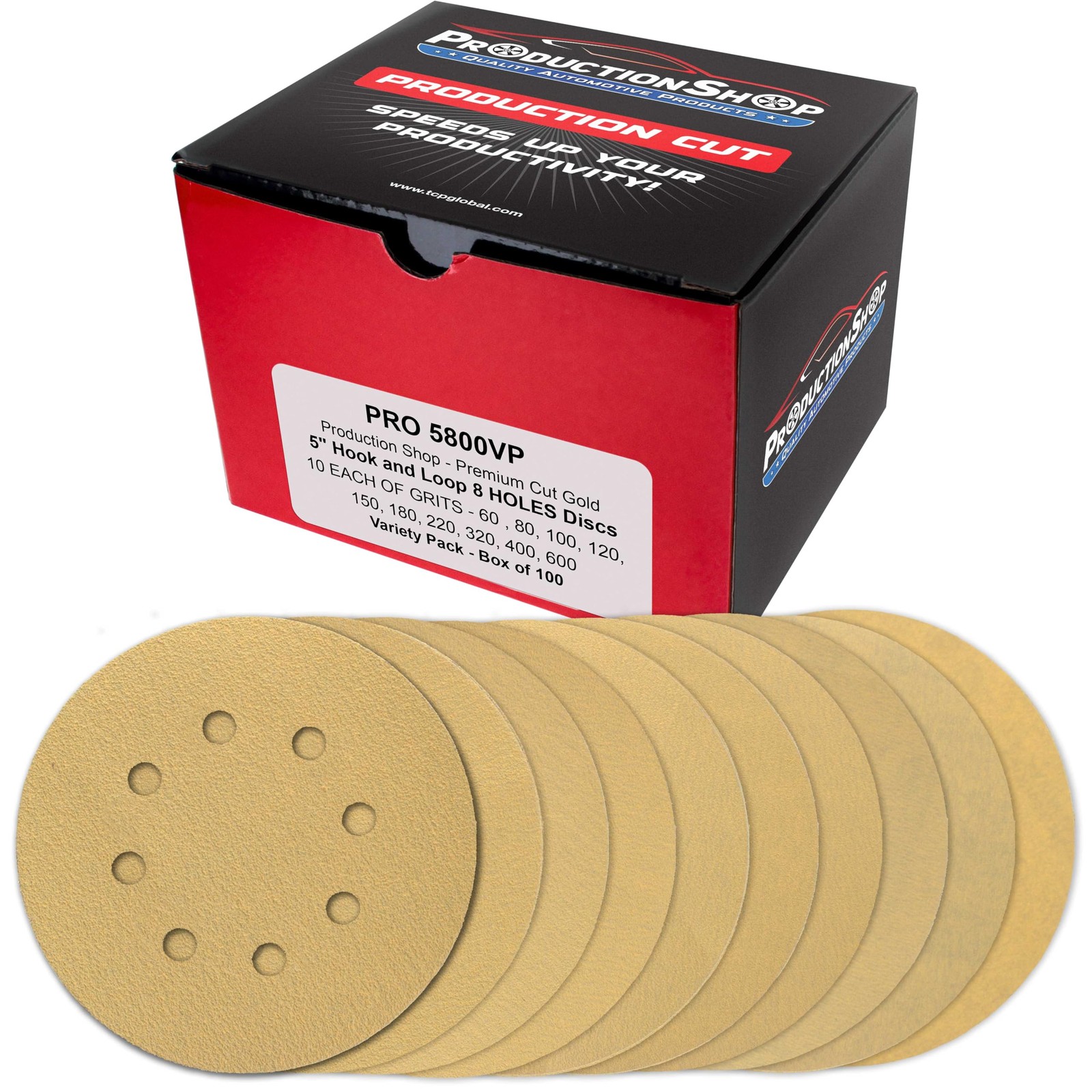 ProductionShop Premium 5″ Gold Sanding Discs, 8-Hole Pattern, 100 5″,