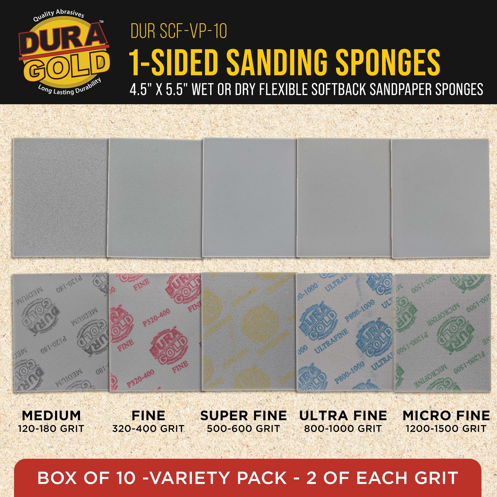 Single-Sided Sanding Sponge Grit Variety Pack, 20/Box, 5.5″ x 4.5″ Wet/Dry