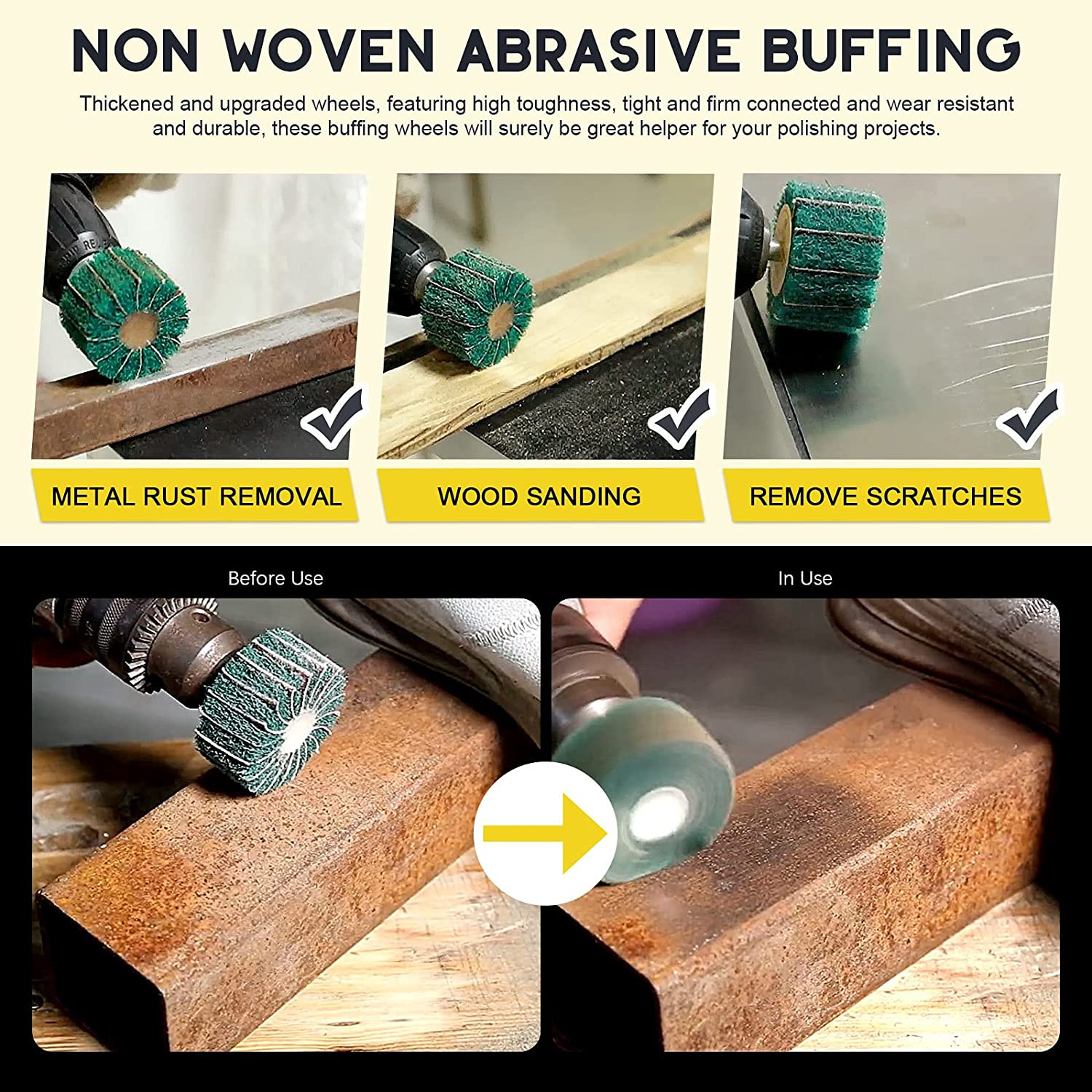 10Pcs Non Woven Abrasive Buffing Pads Wheels Drill Attachment Set, Scouring Pads