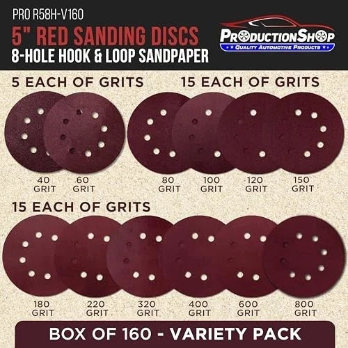 160 Pack 5 inch Sanding Discs 8-Hole Red Variety Pack Grit, Hook ,Loop Sandpaper