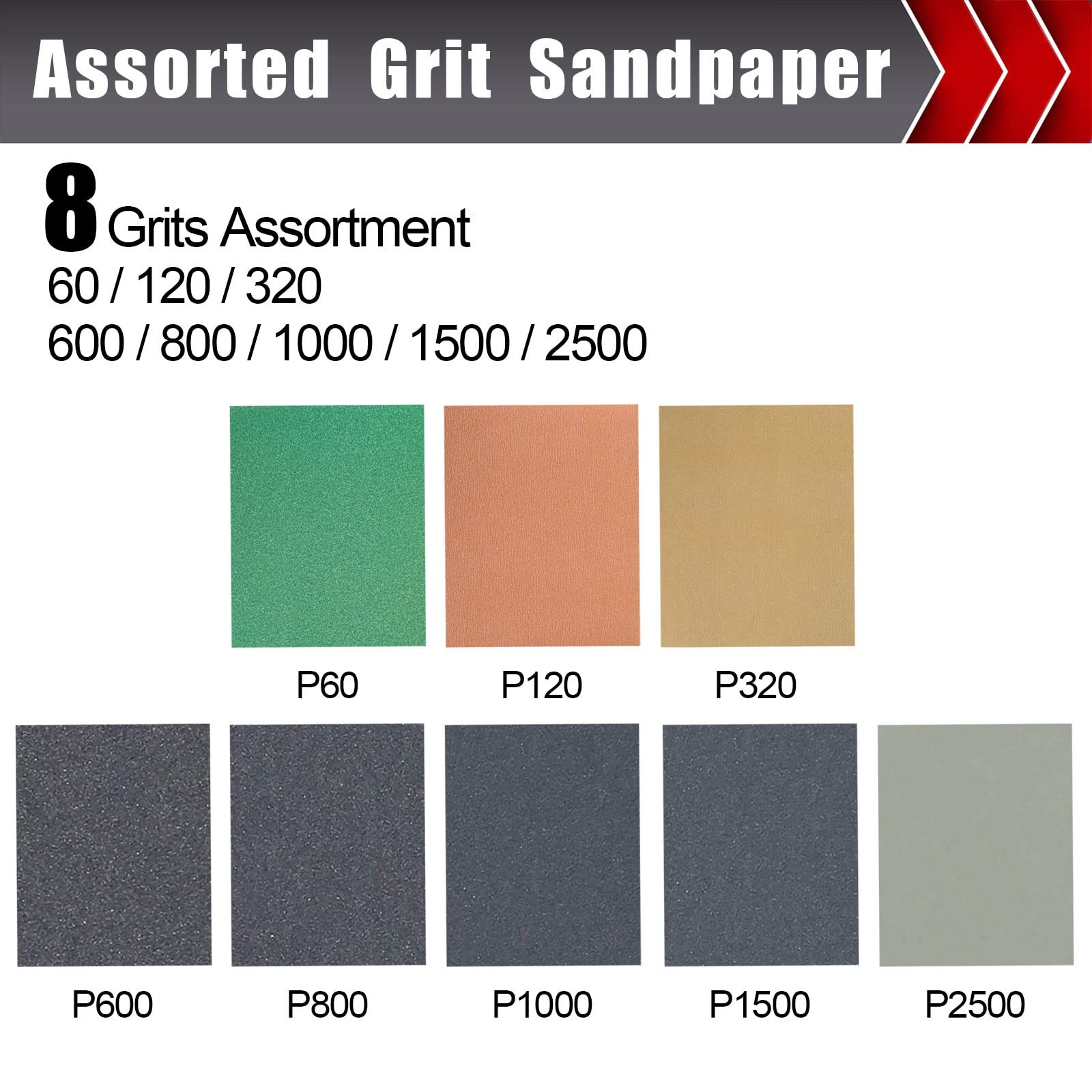 24 Pcs Sandpaper, Wet & Dry Sandpaper Assortment 60/120/320/600/800/1000/1500/25