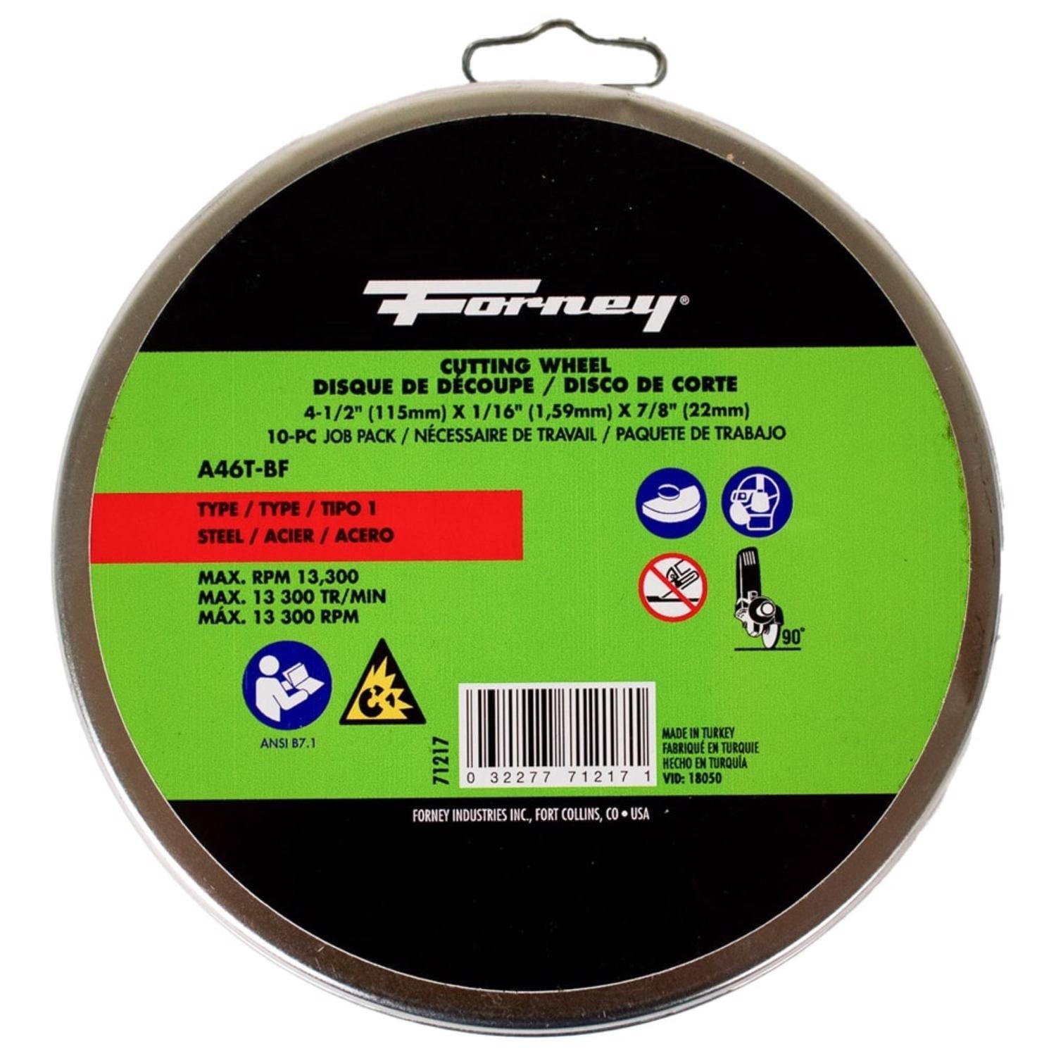 Forney 71217 Aluminum Oxide Steel 4-1/2 in. Flat Cutting Wheel 1/16 in. Thick