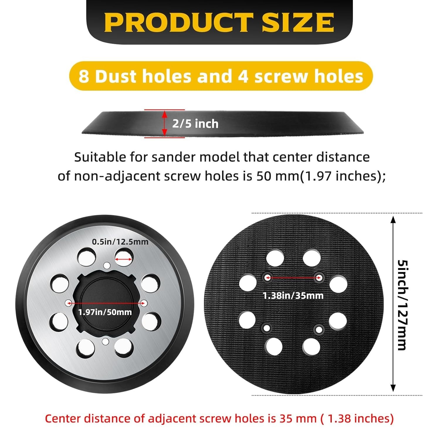 4 Pack 5 Inch 8 Hole Hook and Loop Orbital Sander Backing Pads, Compatible with