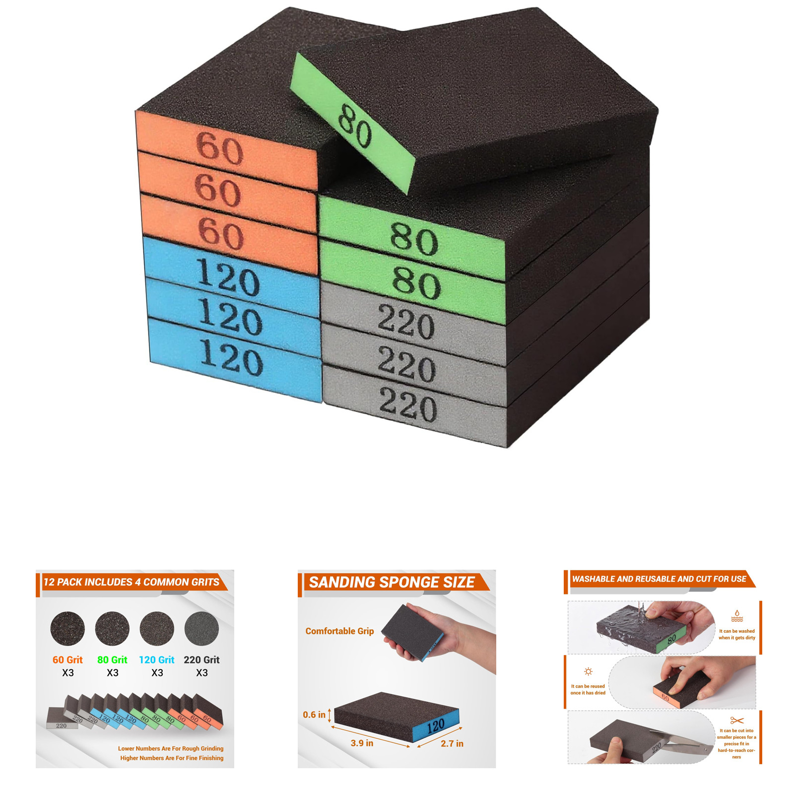 Sanding Blocks Set 60 80 120 220 Grit Washable Reusable for Wood Drywall