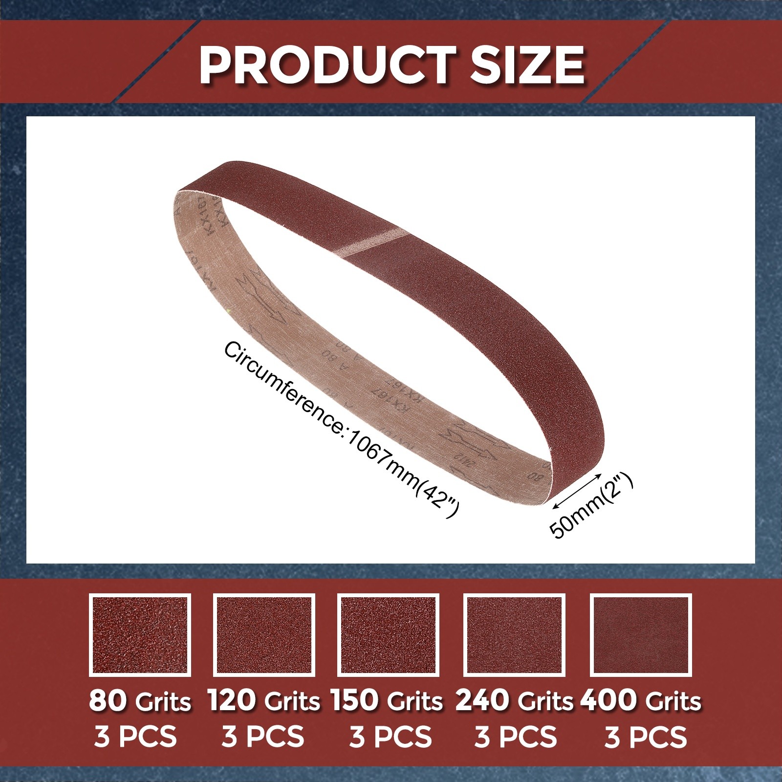 15 Pcs Sanding Belts 2 x 42 Inch 80/120/150/240/400 Grit Aluminum Oxide
