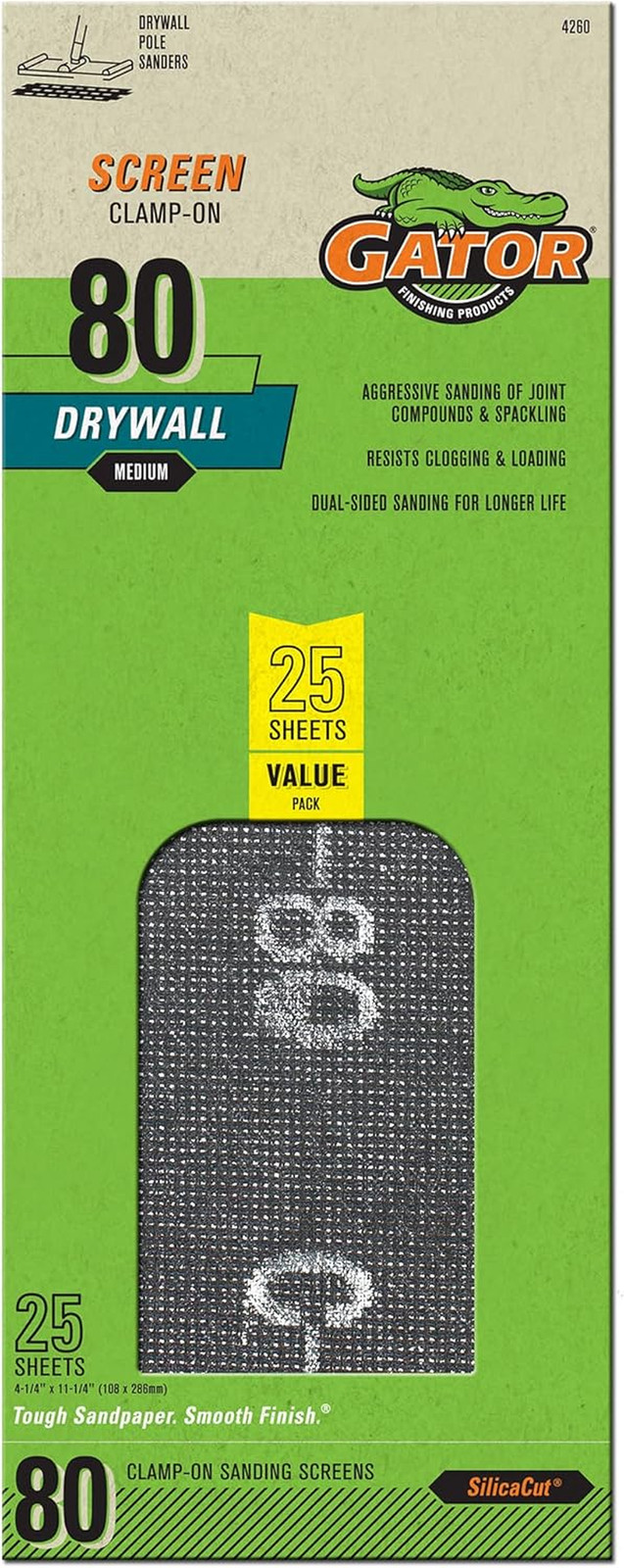Gator Clamp-On Precut Drywall Sanding Screen, 4-1/4″ X 11-1/4″, 80 Grit, 25 Pack