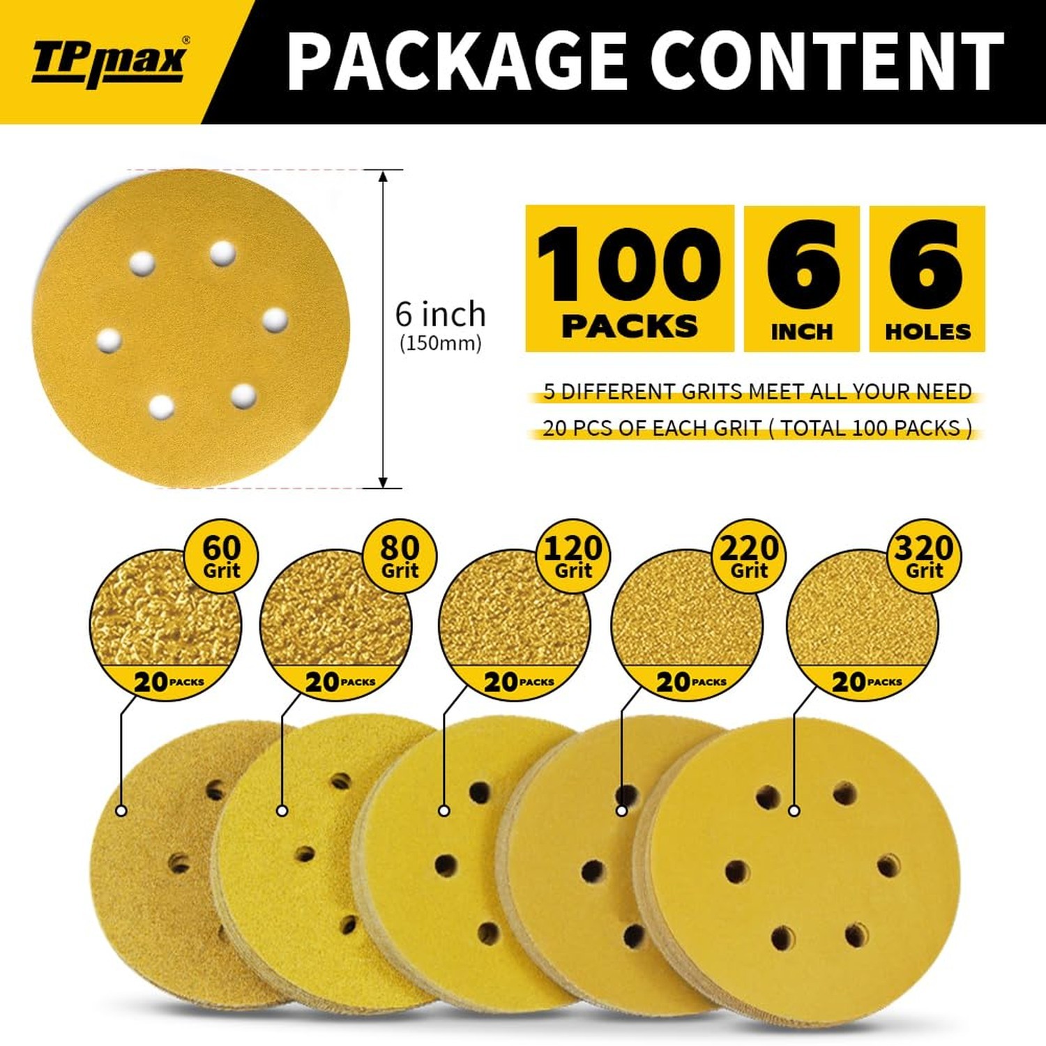 100PCS 6 Inch 150mm 6 Hole Sanding Discs Sandpaper Mixed Grits – Premium Gold…