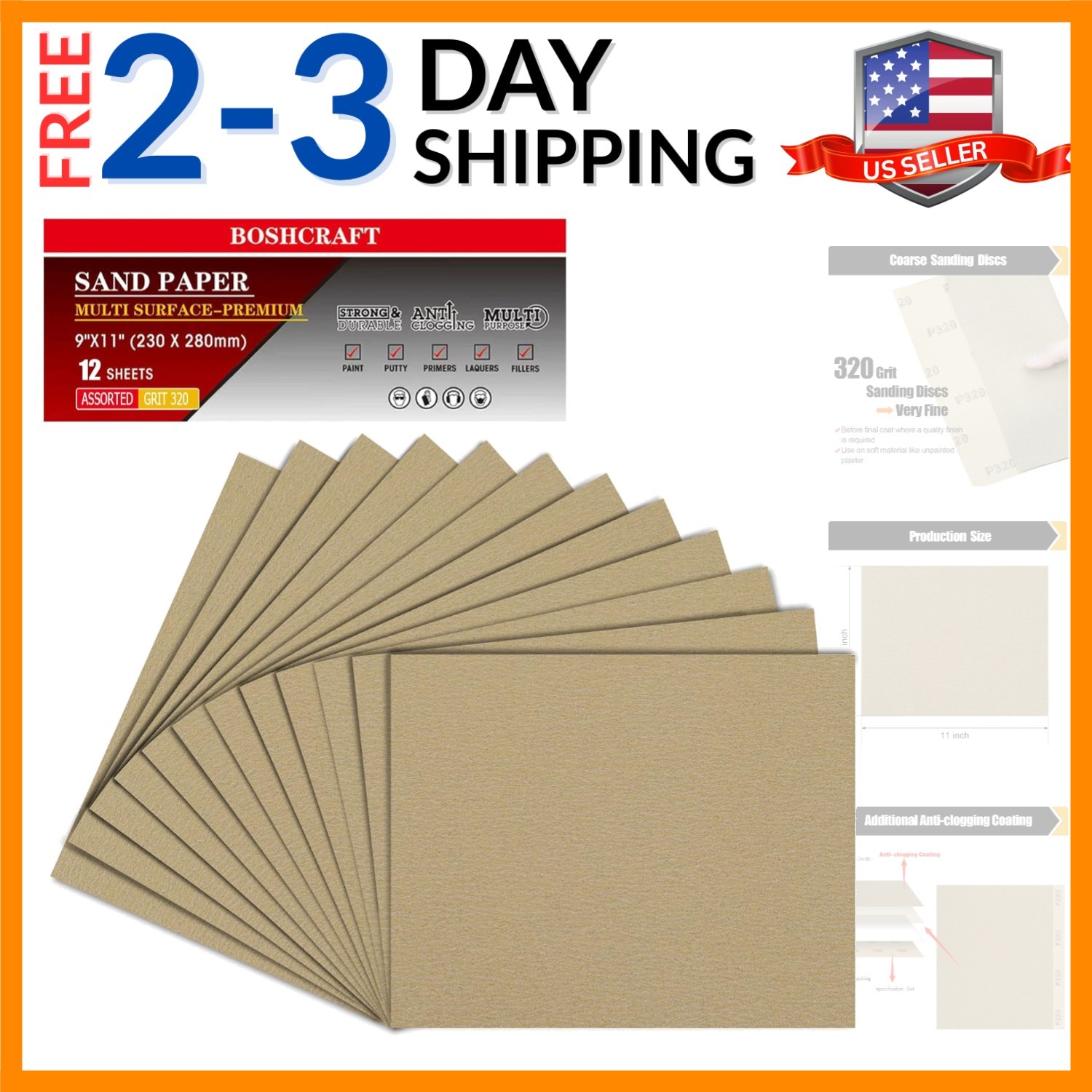 320 Grit Sand Paper 9″ x 11″, 12 Sheets – Aluminum Oxide Sandpaper for Wood …