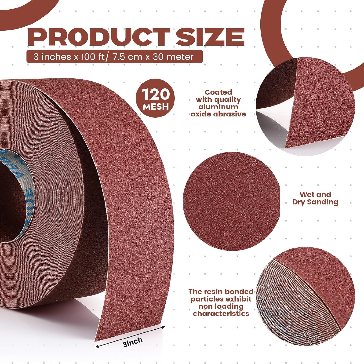 120 Grit Sandpaper Roll 3”x100 ft Long Emery Cloth Sand Paper Roll Aluminum Oxi