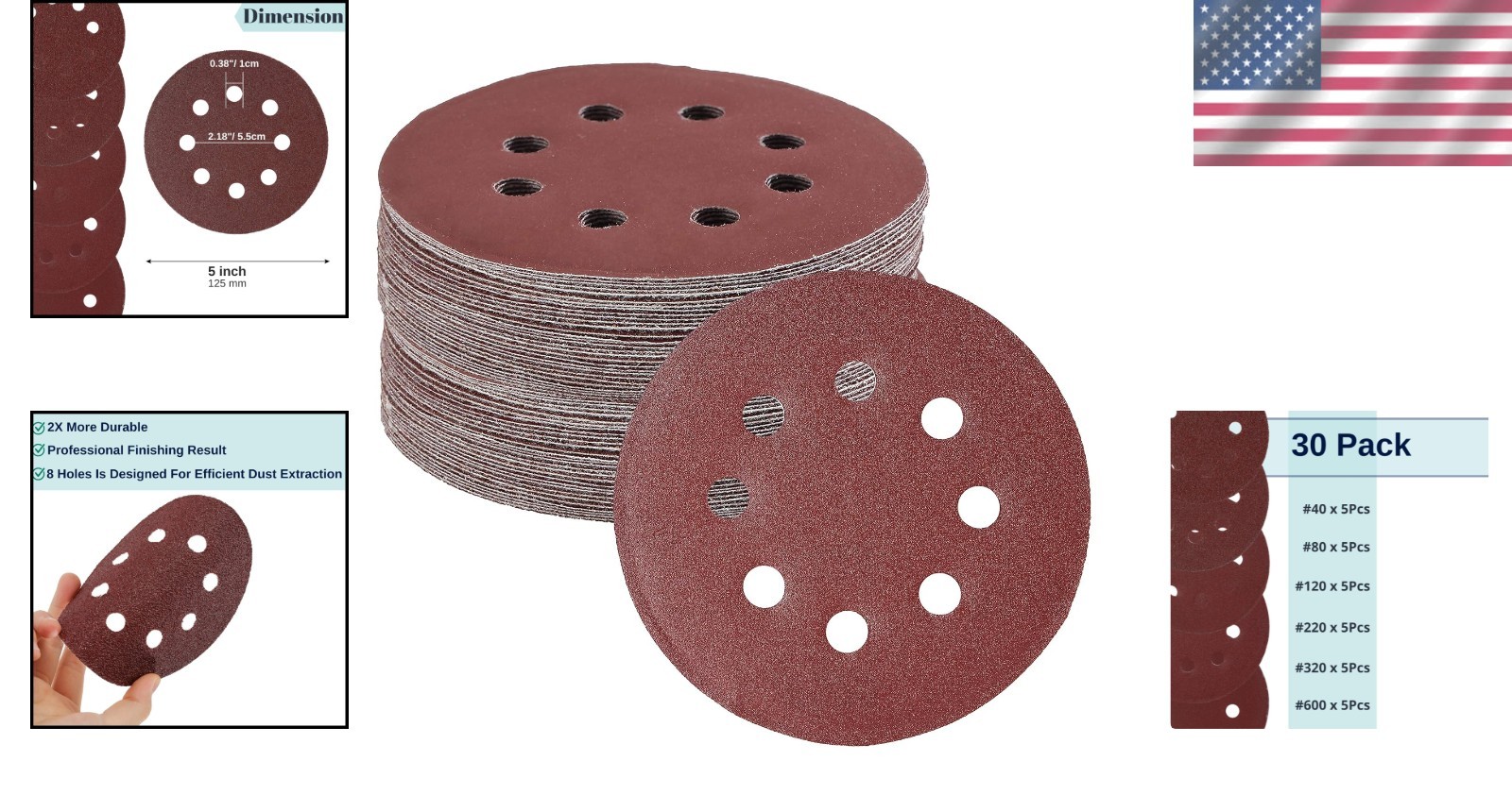 Bates 5-Inch Sanding Discs 30 Pack Assorted Grits 40-600 for Perfect Finishes