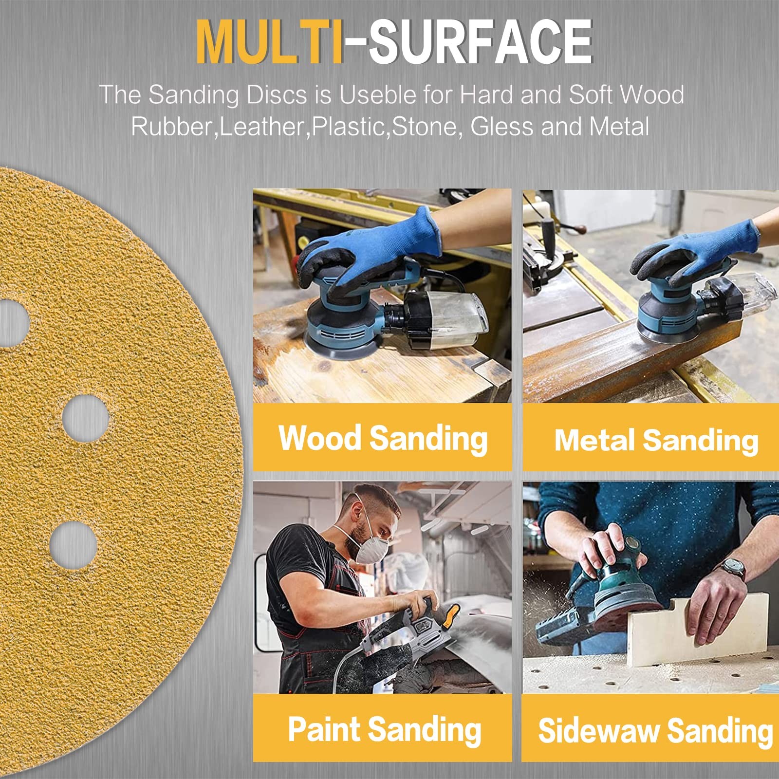40 Grit 5 Inch Sanding Discs 8 Hole Hook Loop Gold Sandpaper for Orbital Sander
