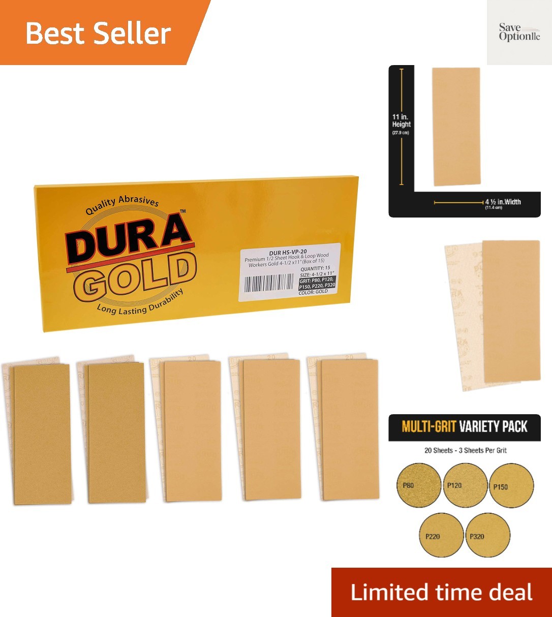 1/2 Sheet Size Gold Sandpaper with Hook & Loop Backing, 3 Each 80, 120, 150, …