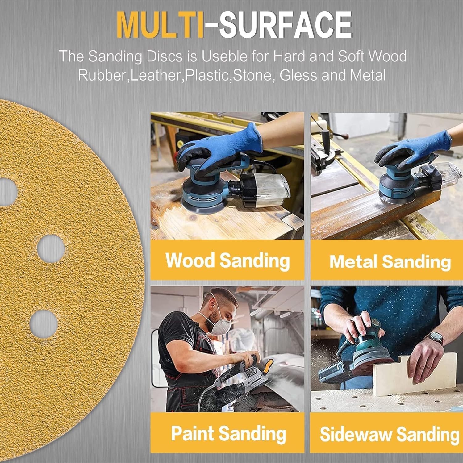 110PCS 5 Inch 8 Hole Sanding Discs,Gold Round Hook and Loop Sandpaper for Random