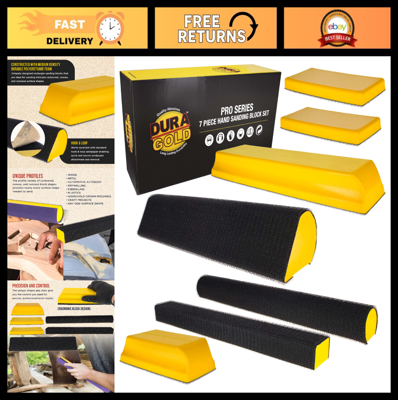 7-Piece Hand Sanding Block Set – 5″ to 10.75″ Hook & Loop Pads for Wood, Auto Bo
