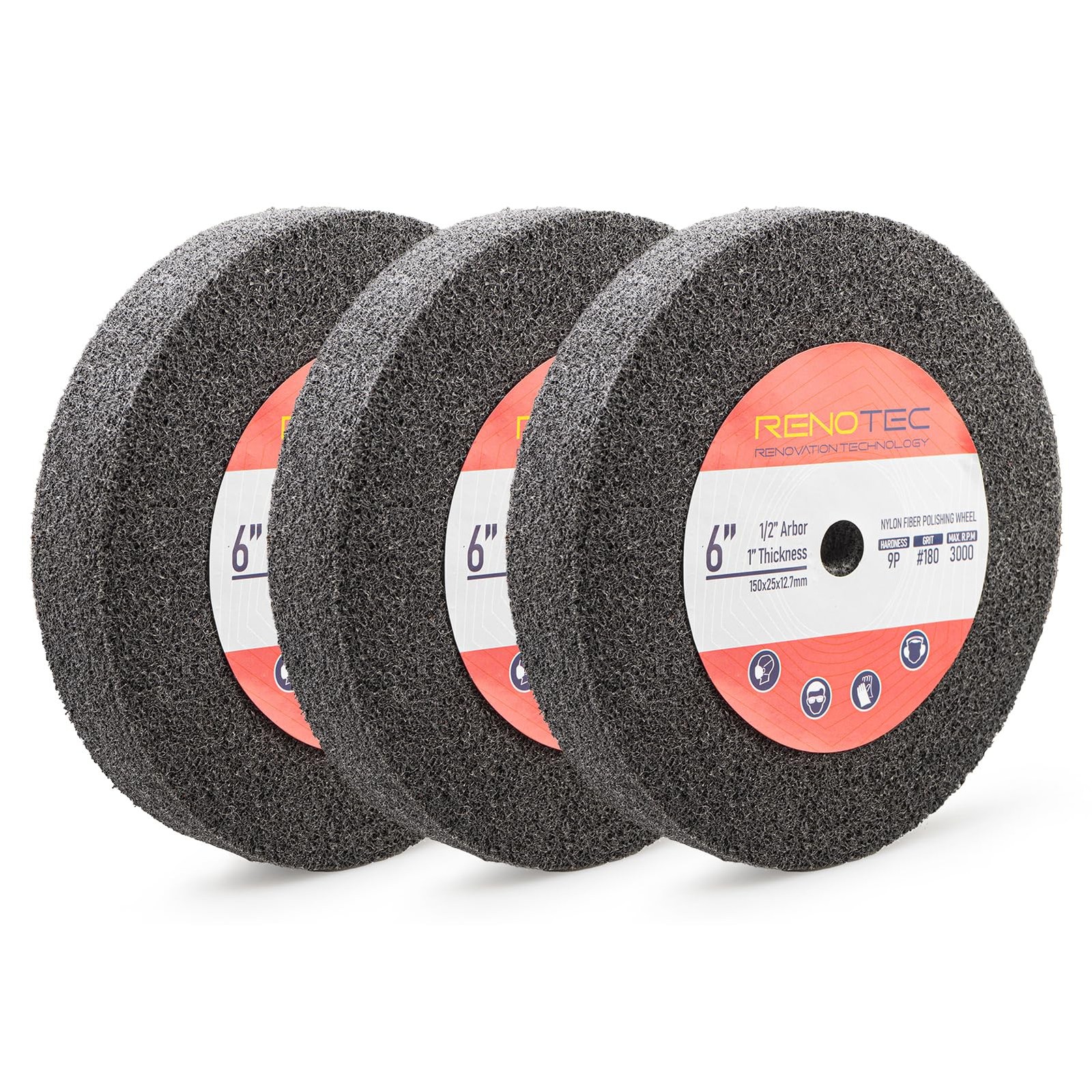 6 inch 9P Hardness Deburring Wheel, Pack of 3, 180 Grit, Nylon Fiber Buffing Whe