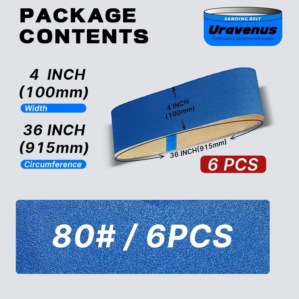 4 X 36 Inch Sanding Belts, 6 Pcs 80 Grit, Zirconia Sanding Belts for Metal Polis