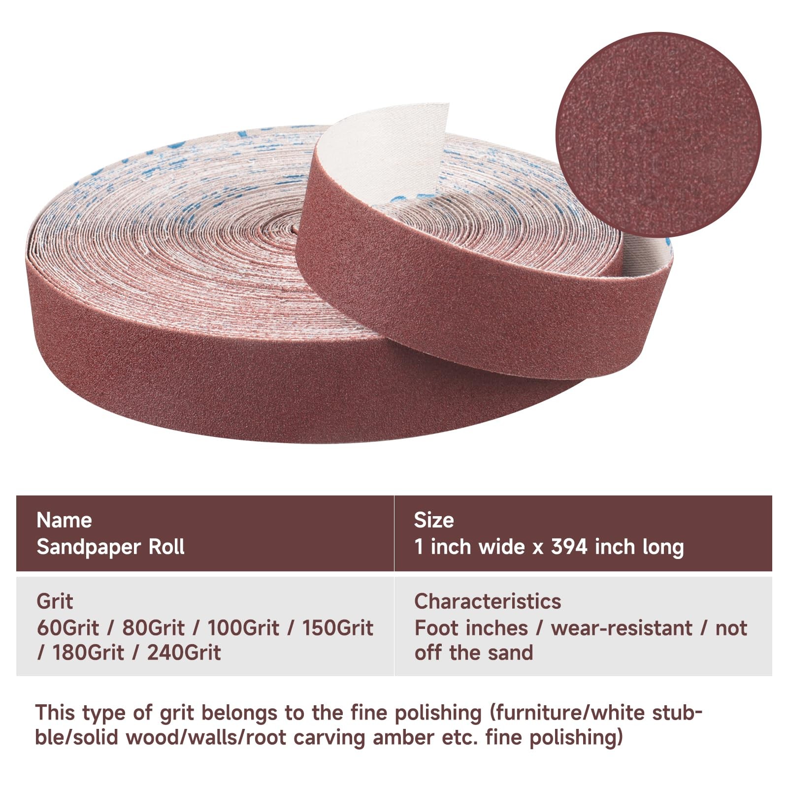 60 Grit Continuous Sandpaper Roll,1″ x 32.8 Feet Emery Cloth 10 meters, Red