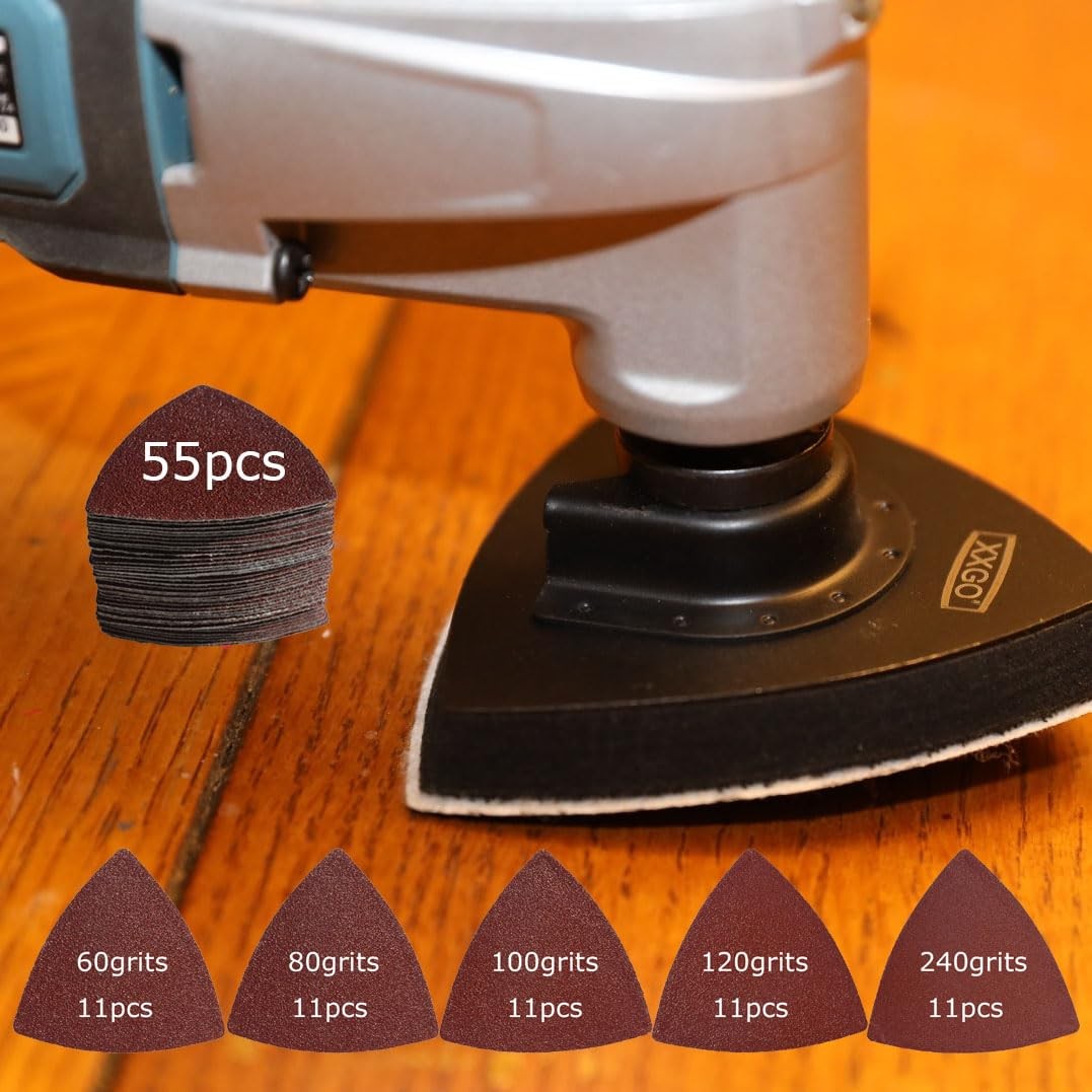 55 Pcs 80mm 3-1/8 Inch Triangular Oscillating Multi Tool Sanding Pads