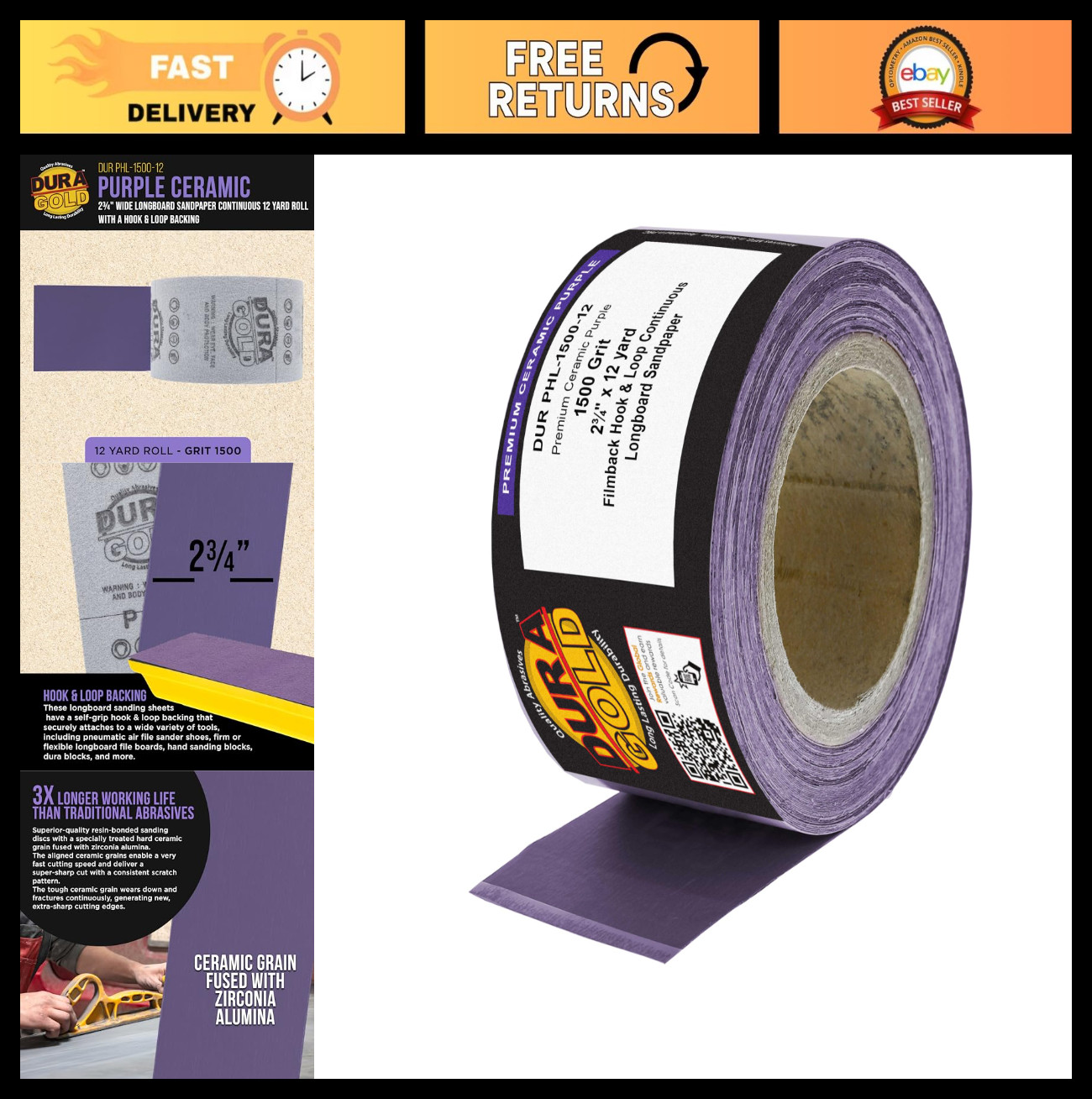 Premium 1500 Grit Purple Film Sandpaper Roll – 2-3/4″ Wide, Hook & Loop for Auto