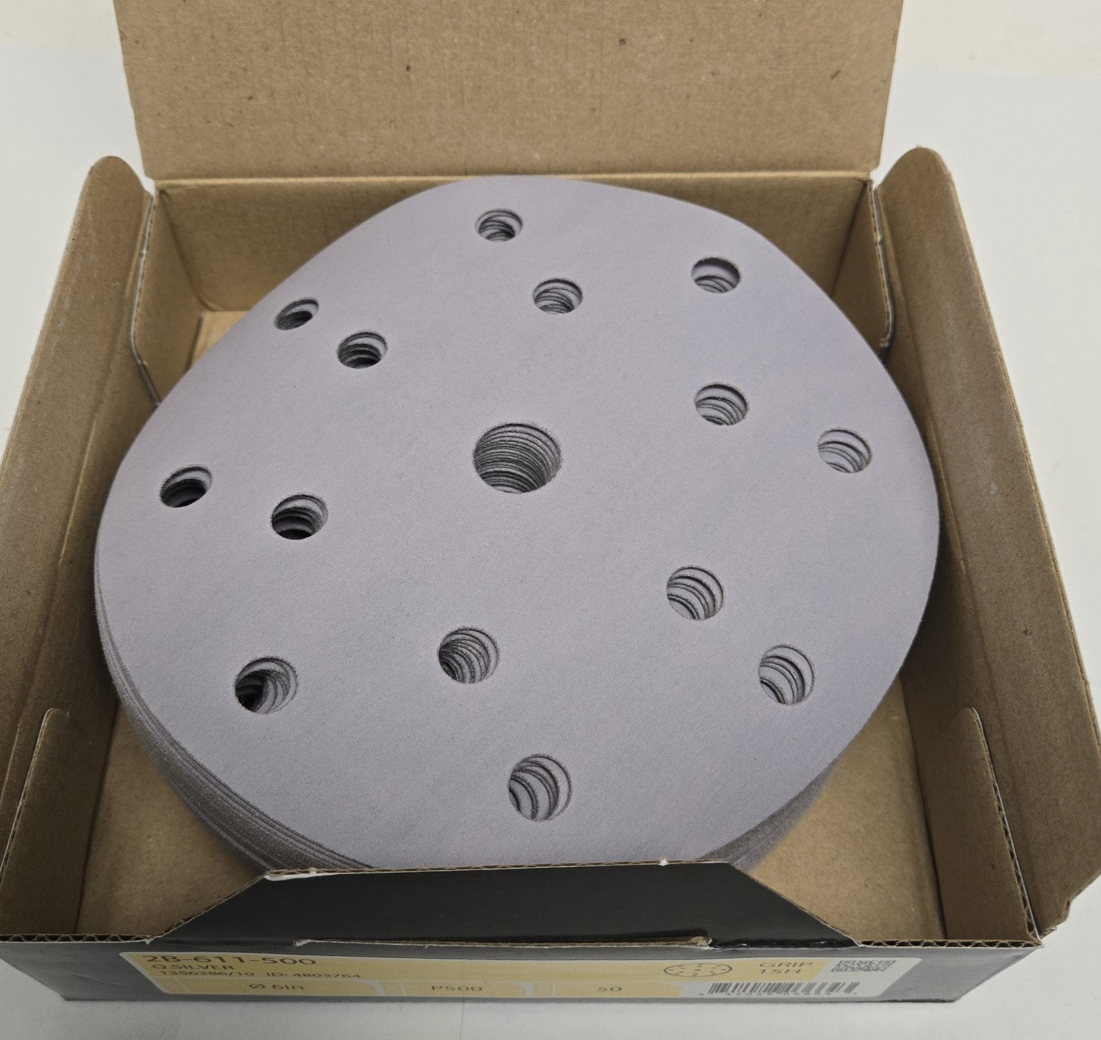 MIRKA SANDING DISCS 2B-611-500. 6″ Q SILVER, 15 HOLE, P500 GRIT. BOX OF 50.