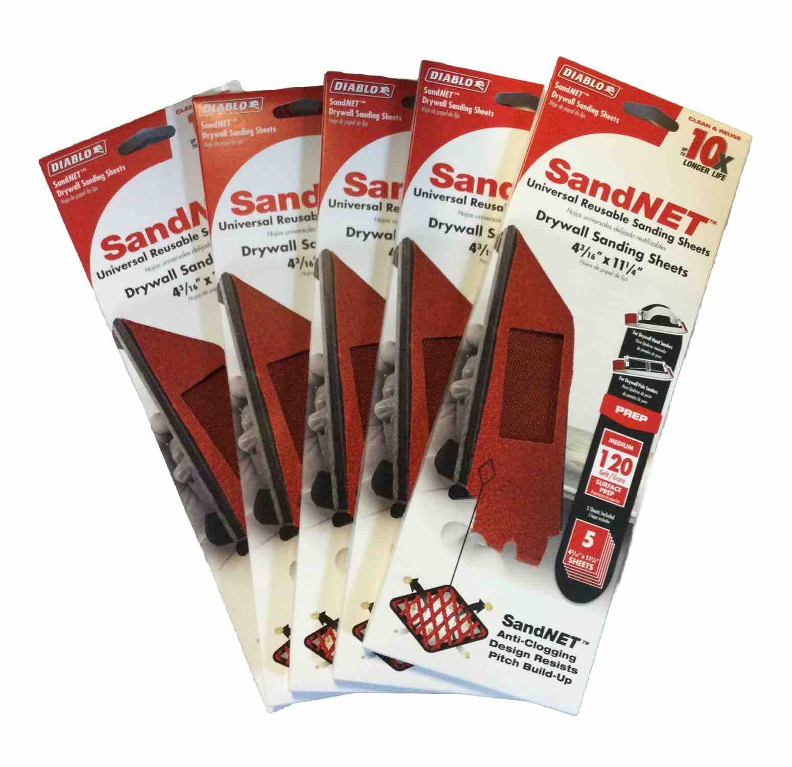 5 pk 5 Sheets Diablo Drywall Sanding SandNet Medium 120 Grit 11 1/4″ x 4 3/16″