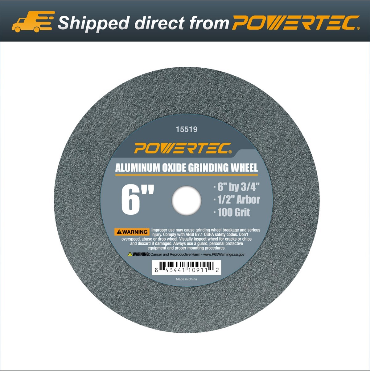 POWERTEC 15519 Aluminum Oxide Grinding Wheel 100 Grit, 6 x 3/4 with 1/2 Arbor