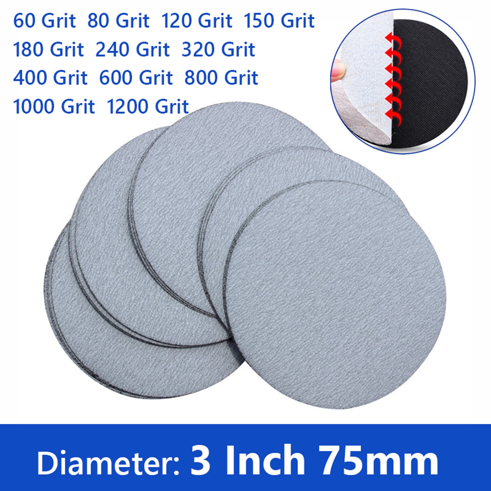 3 inch Round Sandpaper Sanding Disc 75mm Dry Flocking Disc No hole 60-1200 Grit