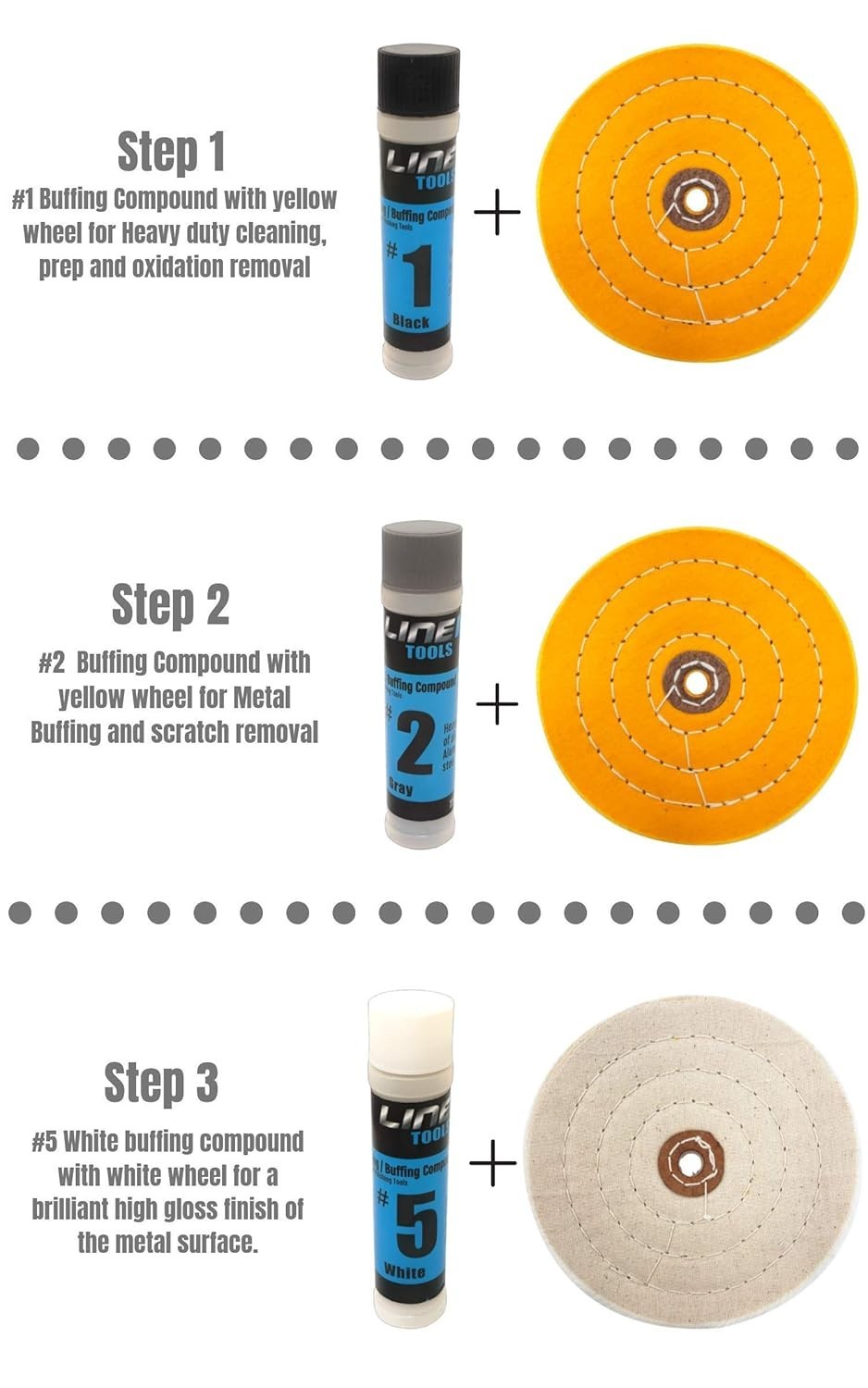 6 Inch Buffing Wheel Kit for Bench Grinder and Drill with 3 Step Hard Metal Poli