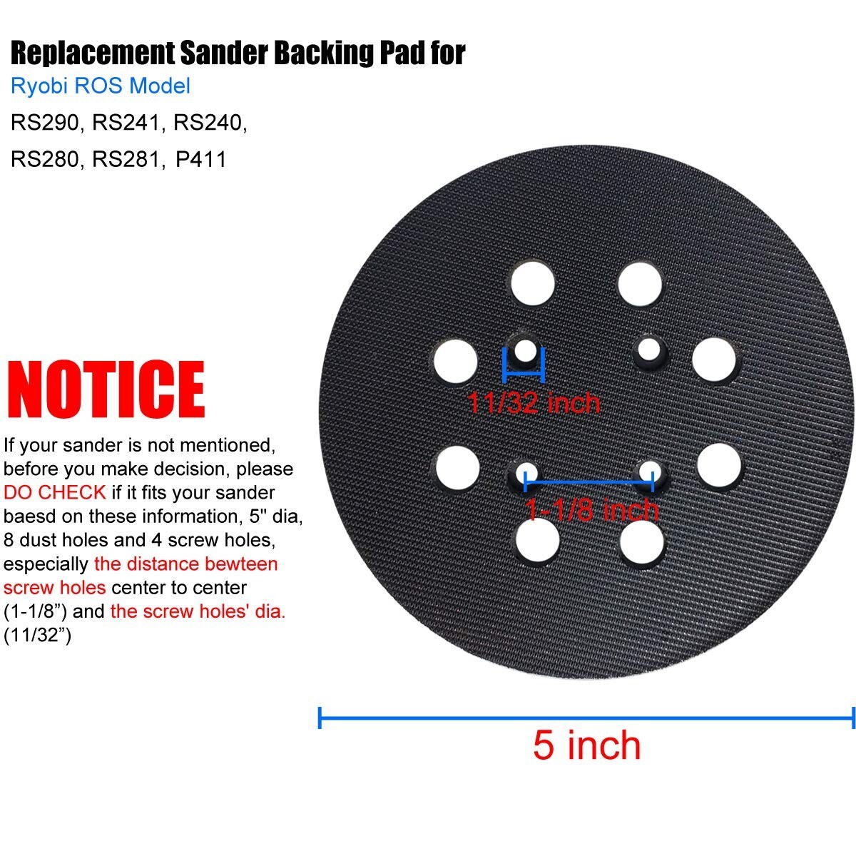 5″ Sander Pad For Ryobi Sander 5 Inch 8 Hole Hook And Loop Replacement 180 Grit
