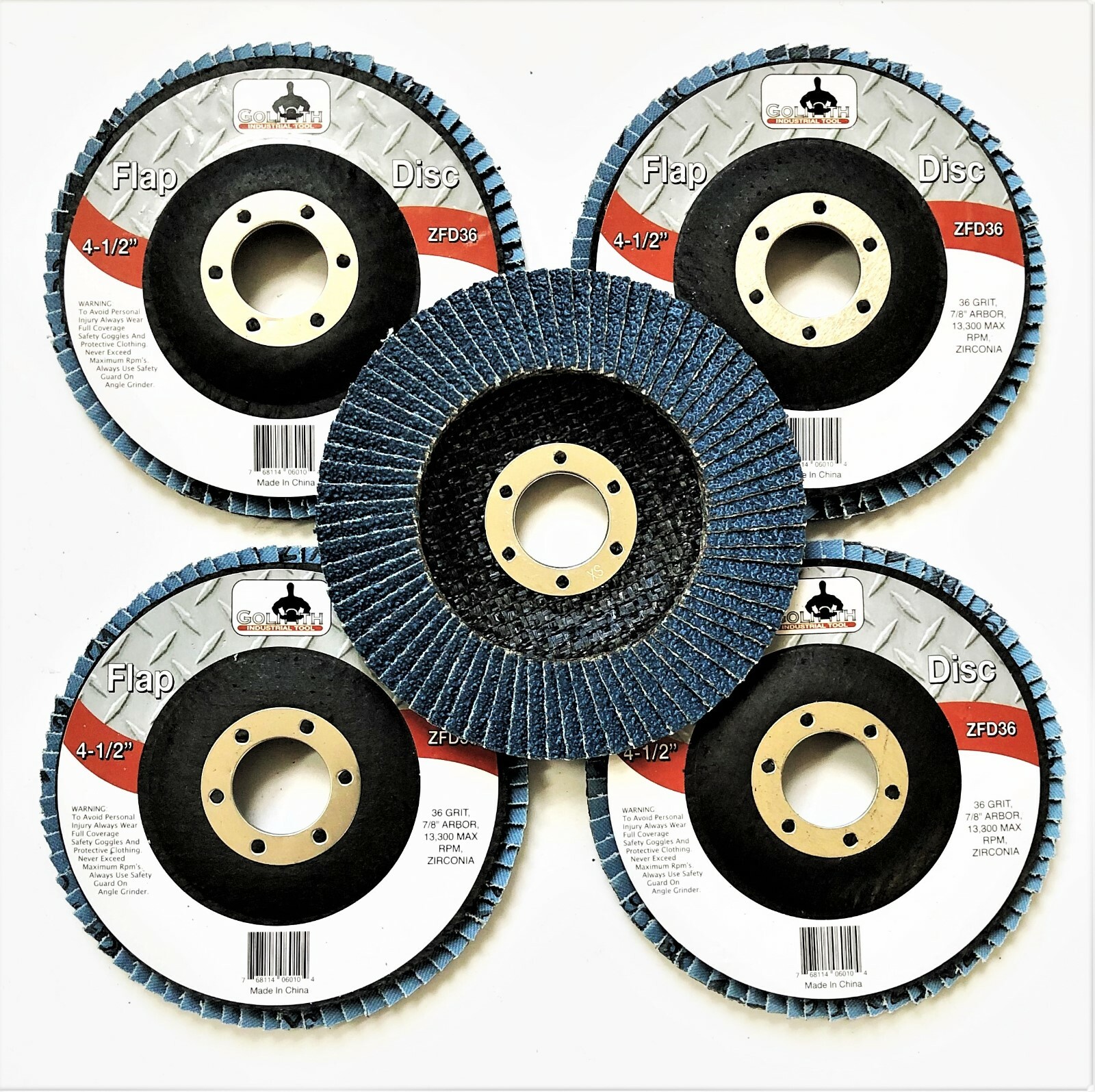 5 GOLIATH INDUSTRIAL 4-1/2″ ZIRCONIA FLAP DISCS 36 GRIT SANDING WHEELS ZFD36