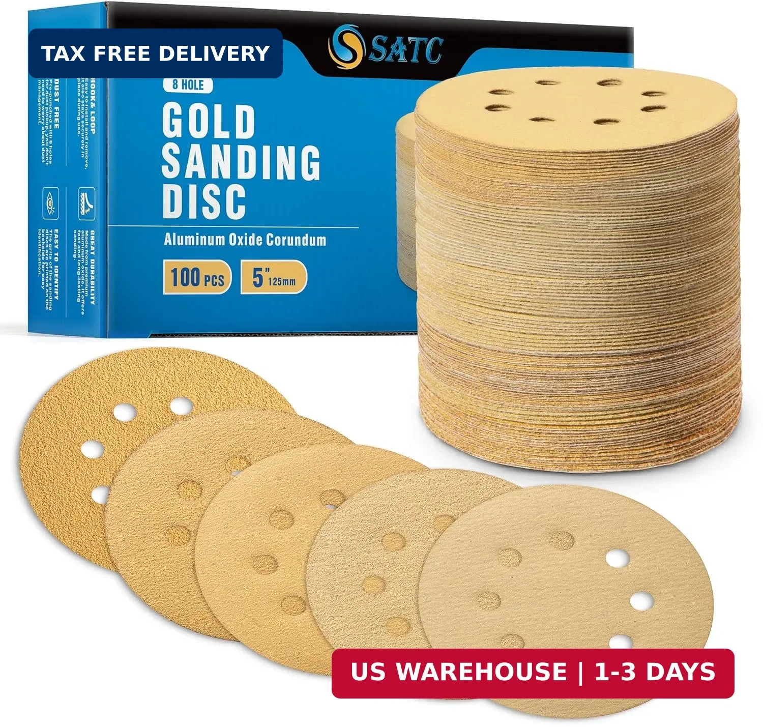 S SATC 100PCS 5 Inch Sanding Discs 60/80/120/150/220 Grits Gold Sanding Discs Ho