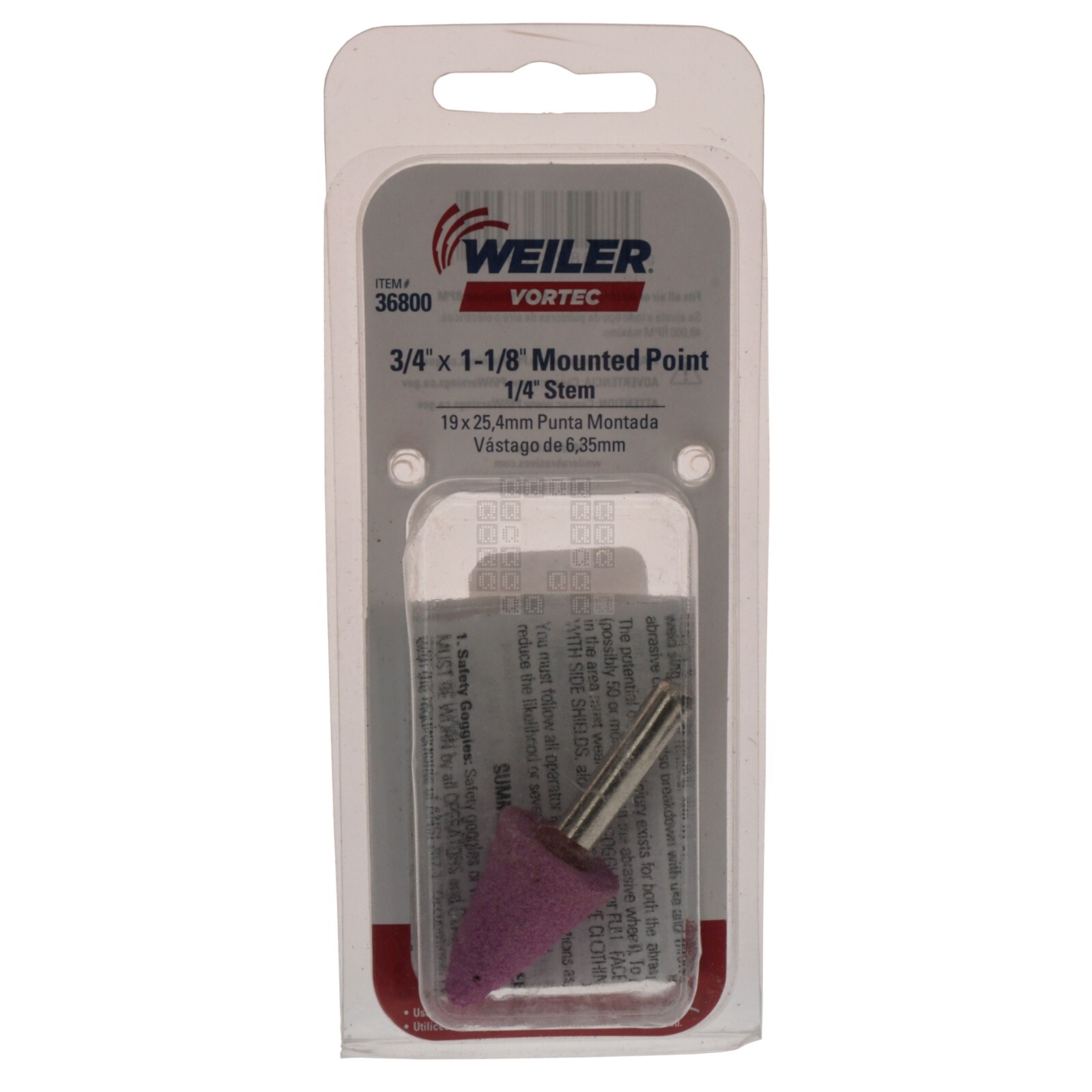 Weiler 36800 3/4″ x 1-1/8″ Mounted Point A5 Abrasive Wheel, 1/4″ Straight Stem