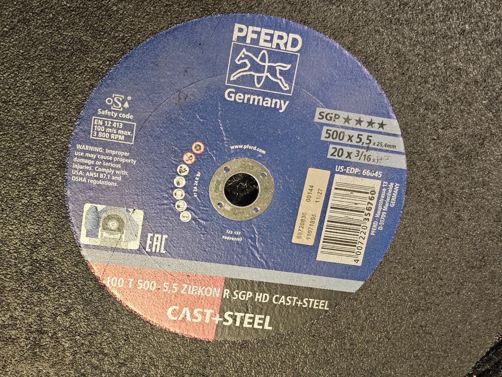 (QTY 5) Pferd 66045 Abrasive Cut-Off Wheel, 20in x 3/16in Thick Zirconia Alumina