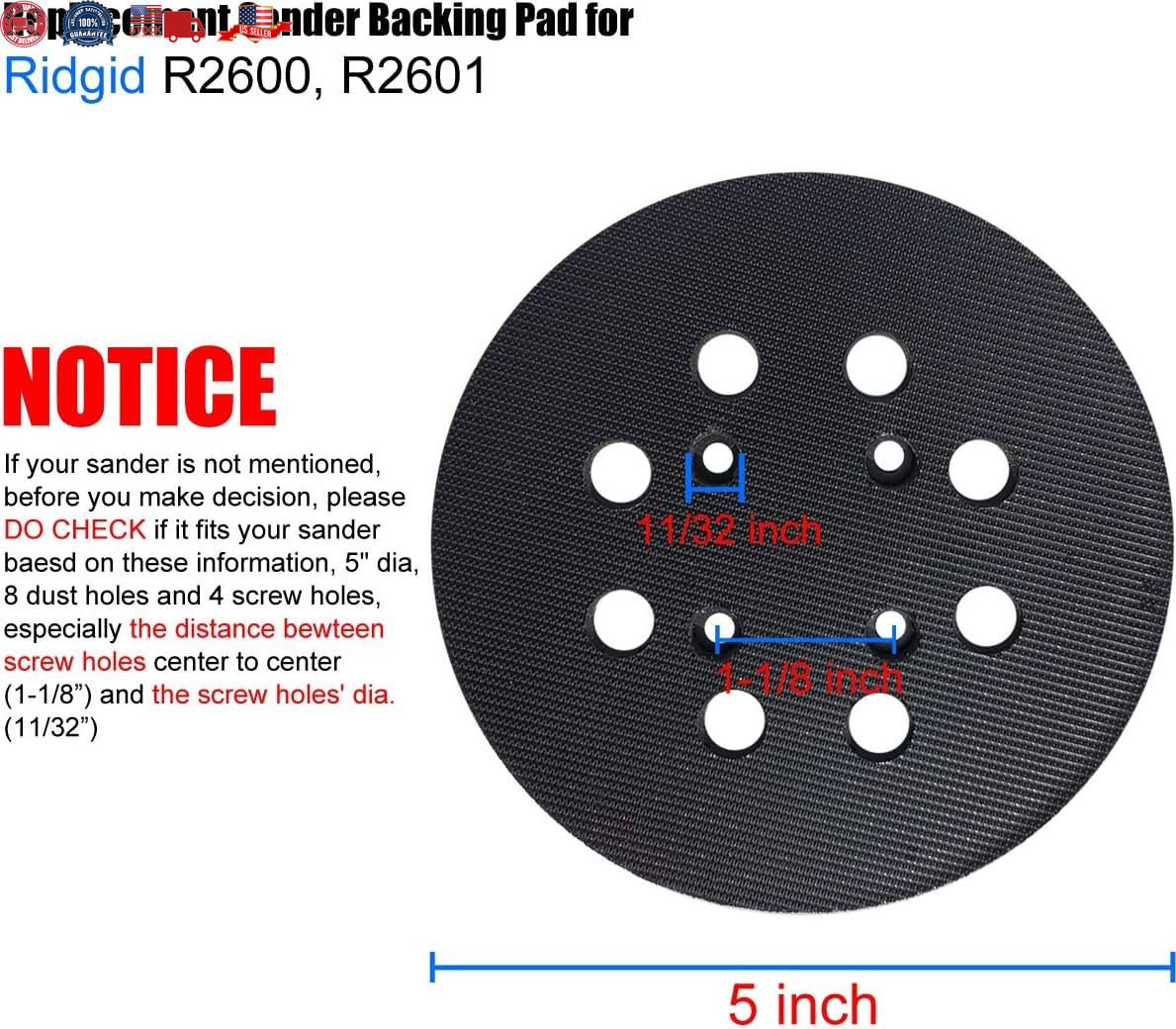 2 Pack 5 Inch 8 Hole Hook and Loop Sander Pad for Ridgid R2600, R2601 5″