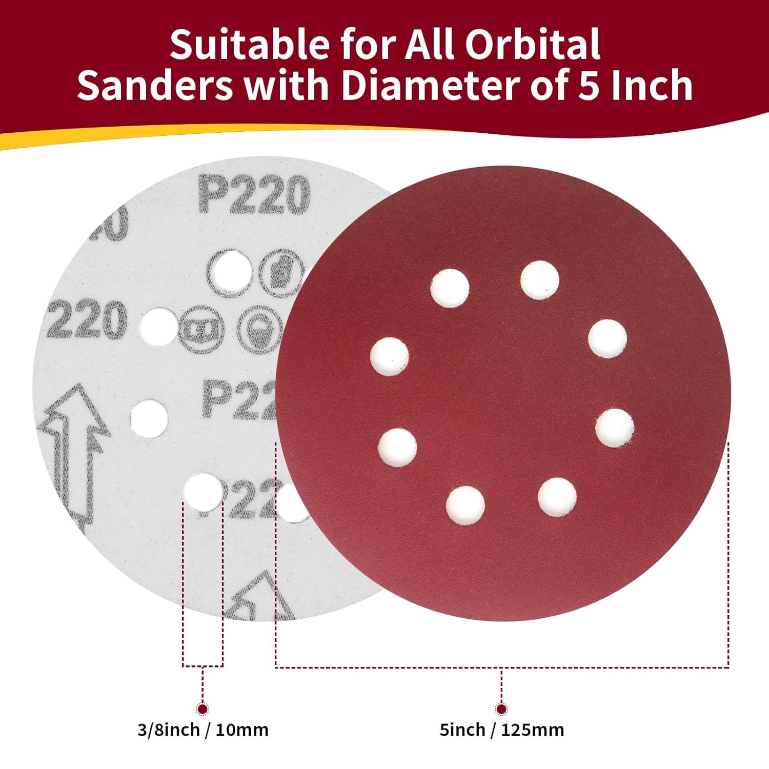 50Pcs 5 Inch 8-Hole Hook and Loop Sanding Discs 6 Mixed Grits Round Sandpaper
