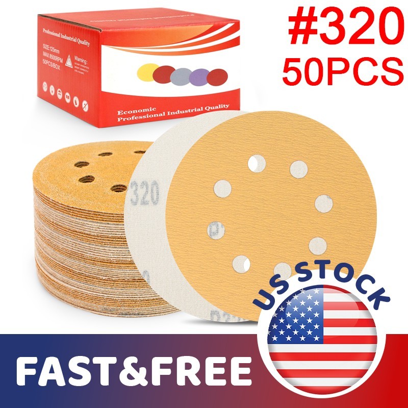 50 PACK 5 inch Sanding Discs 8-Hole Hook Loop for Orbital Sander Paper 320 Grit