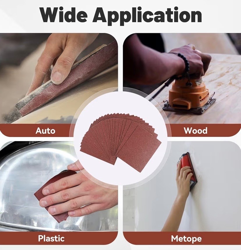 50 Pack 1/4 Sandpaper Sheet – 4-1/2” x 5-1/2”, P60 Grit, Red Aluminum Oxide, Pla