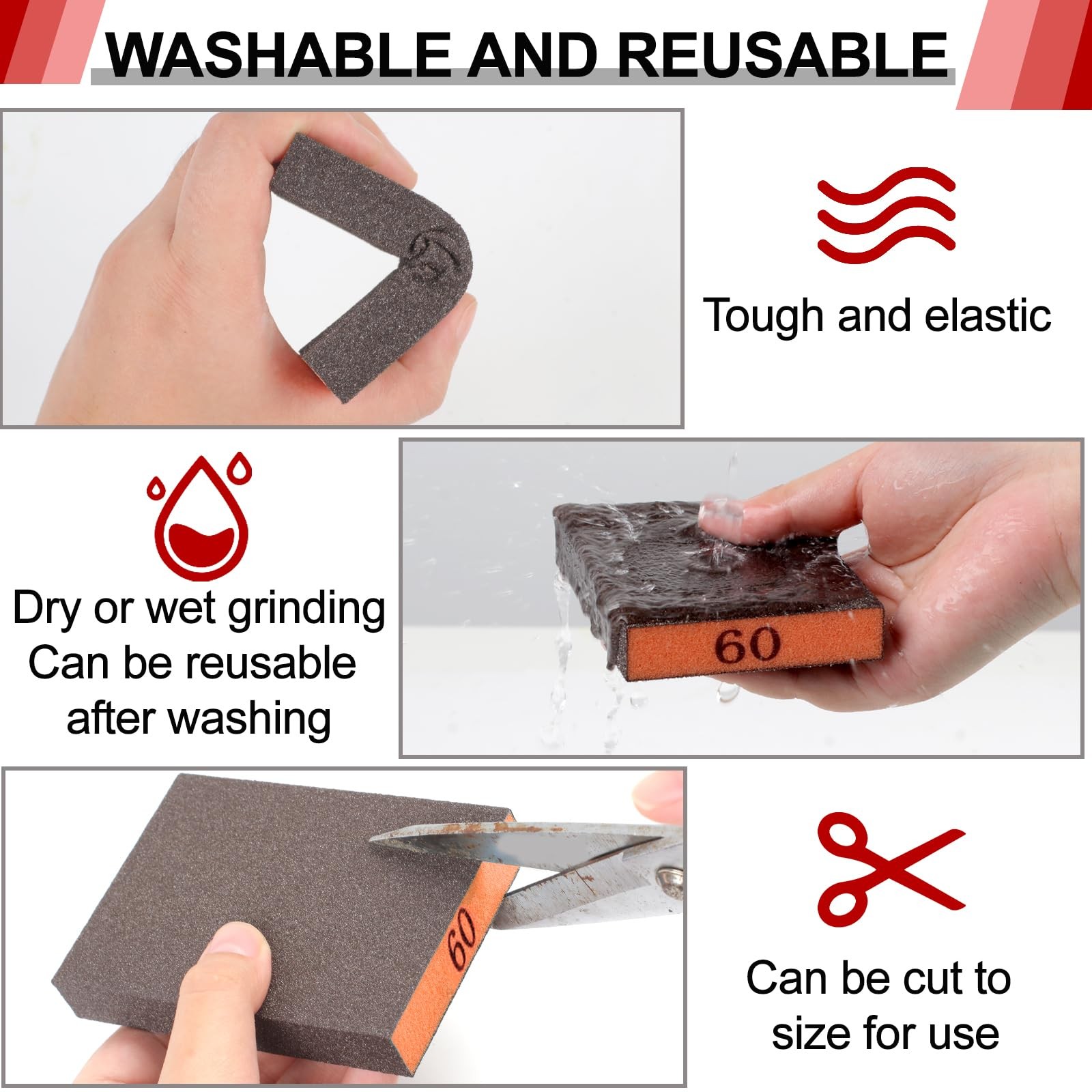 4 PCS Sanding Sponge Washable Block For Drywall Wood Metal 60 Grit Sandpaper