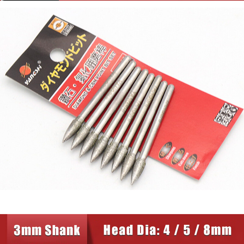 4-8mm Diamond Grinding Head Bullet-shaped Drill Bits Polishing Sanding 3mm Shank